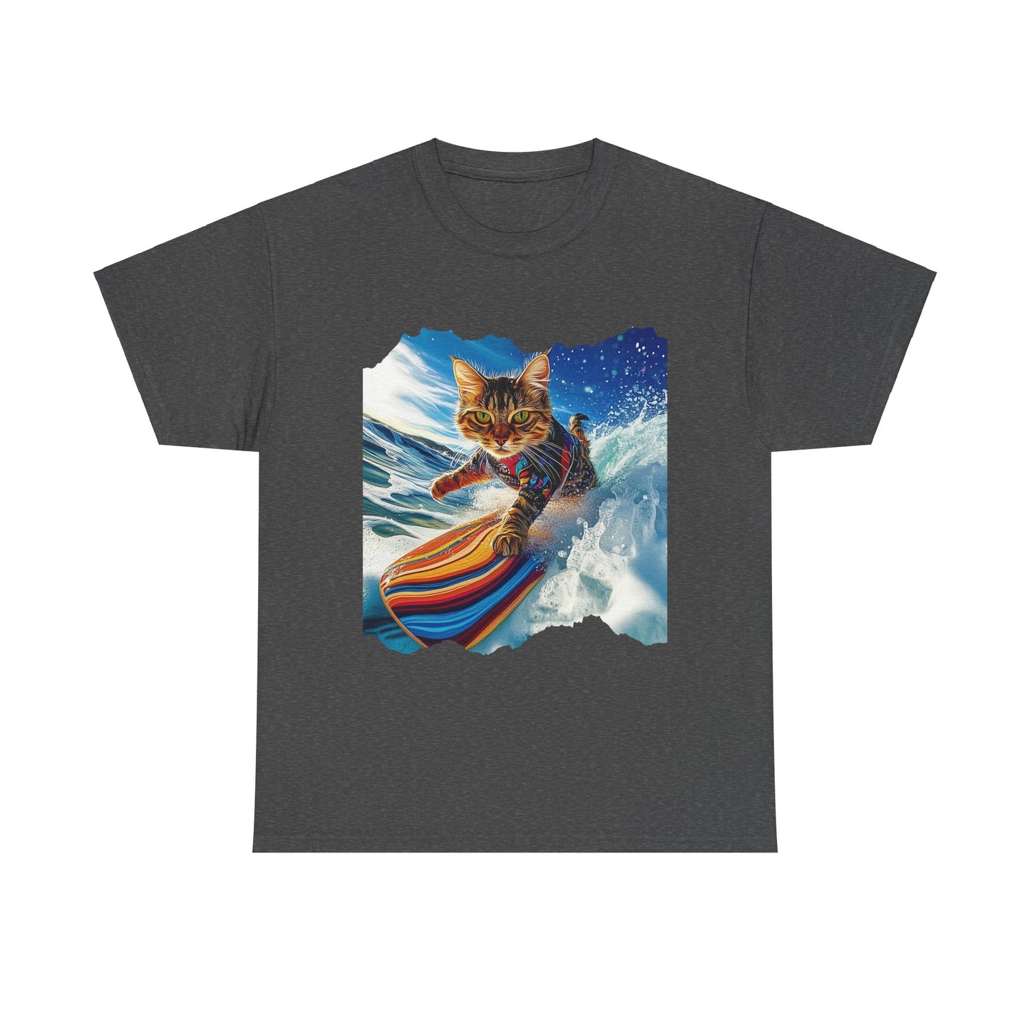 Surfer Surf Cat, Cat on Surfboard Graphic Tee- Water Sports Cat (V1) Cat Art Gift - Cool Cats Unisex Heavy Cotton Tee T-Shirt
