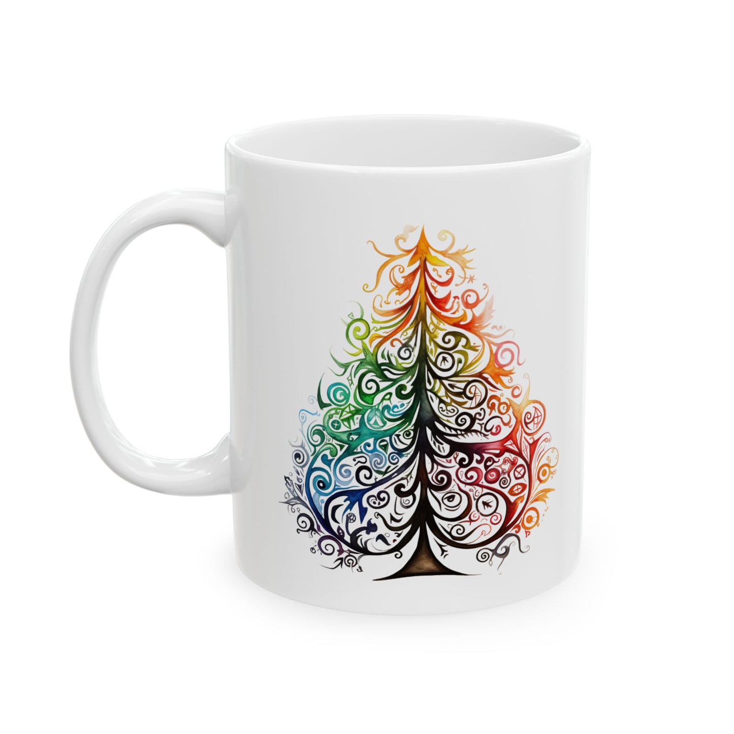 Tribal Art Style Christmas Tree Gift Mug, Printed Art, Christmas Family Artistic Tree, Ceramic Mug 11oz Colorful, Bright and Cheery