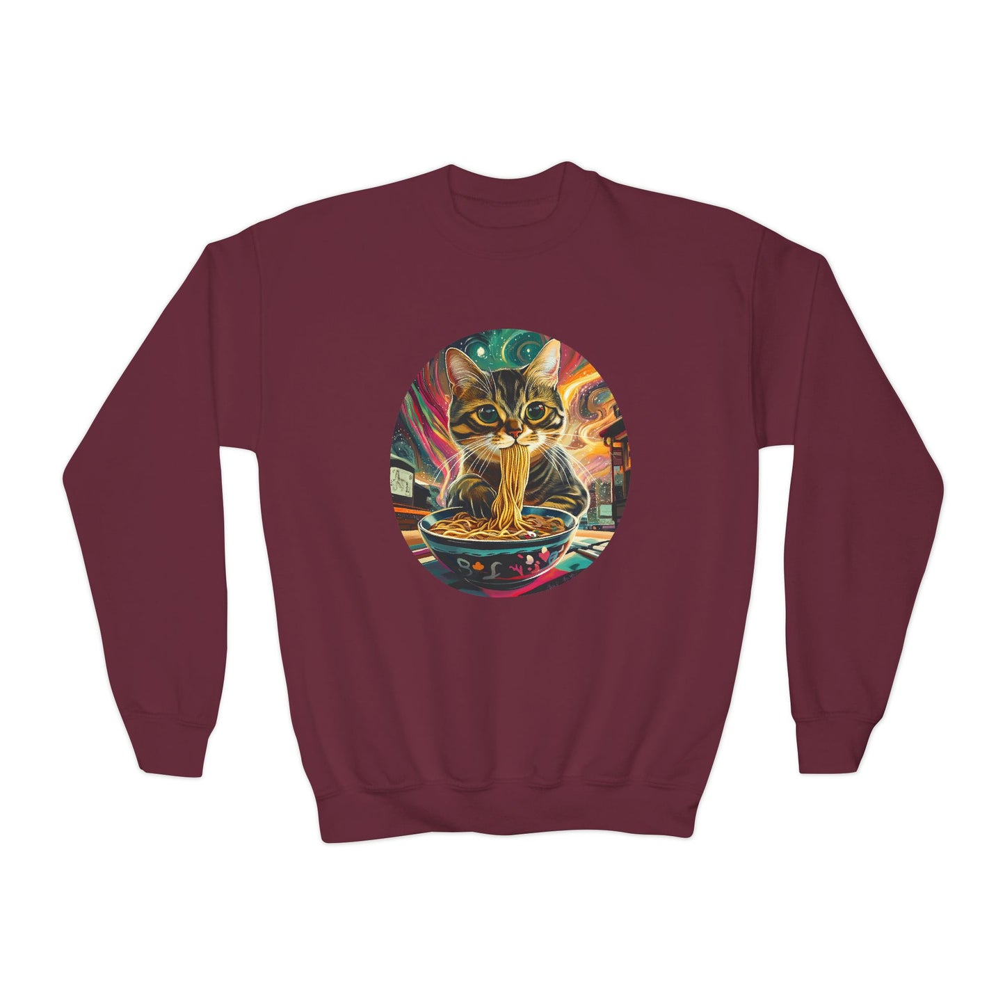 Slurping Noodle Ramen Bowl Cats for Kids Sweatshirt - Slurping Noodle Kitty Cat Youth Crewneck Sweatshirt -Christmas Cat Gift