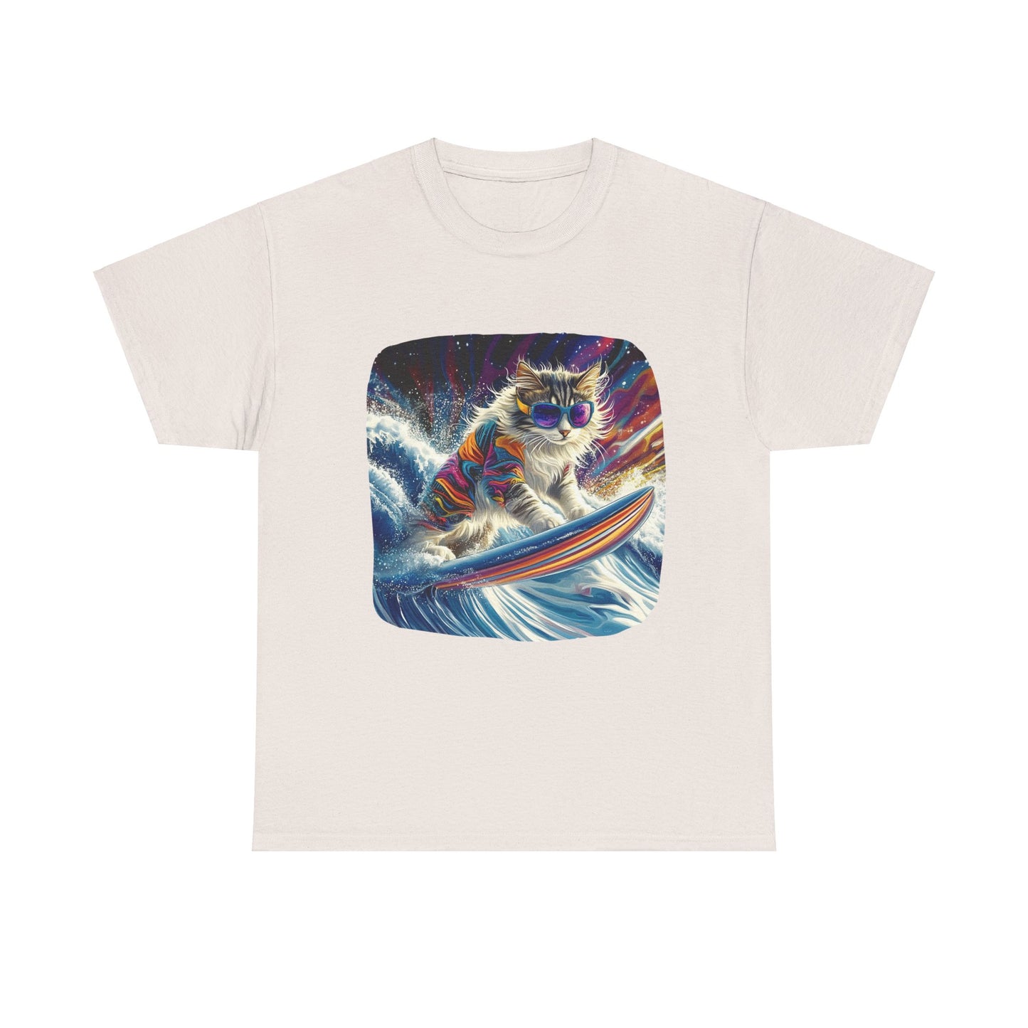 Rip Girl Surfing Surfer Cat, Cat on Surfboard Graphic Tee- Water Sports Cat (V1) Cat Art Gift - Cool Cats Unisex Heavy Cotton Tee T-Shirt