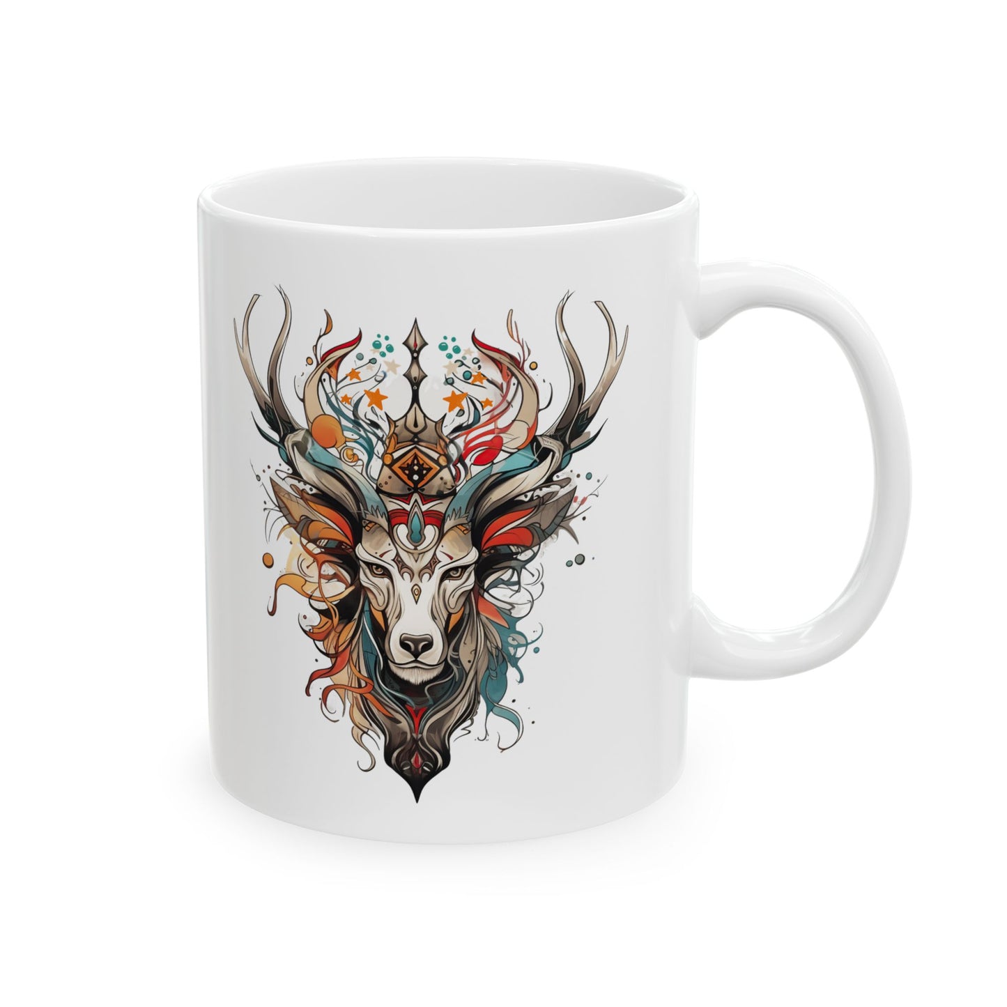 Reindeer, Exotic, Modern Tribal Reindeer Christmas Gift Mug, Deer Lover Reindeer Enthusiast Printed Ceramic Mug 11oz