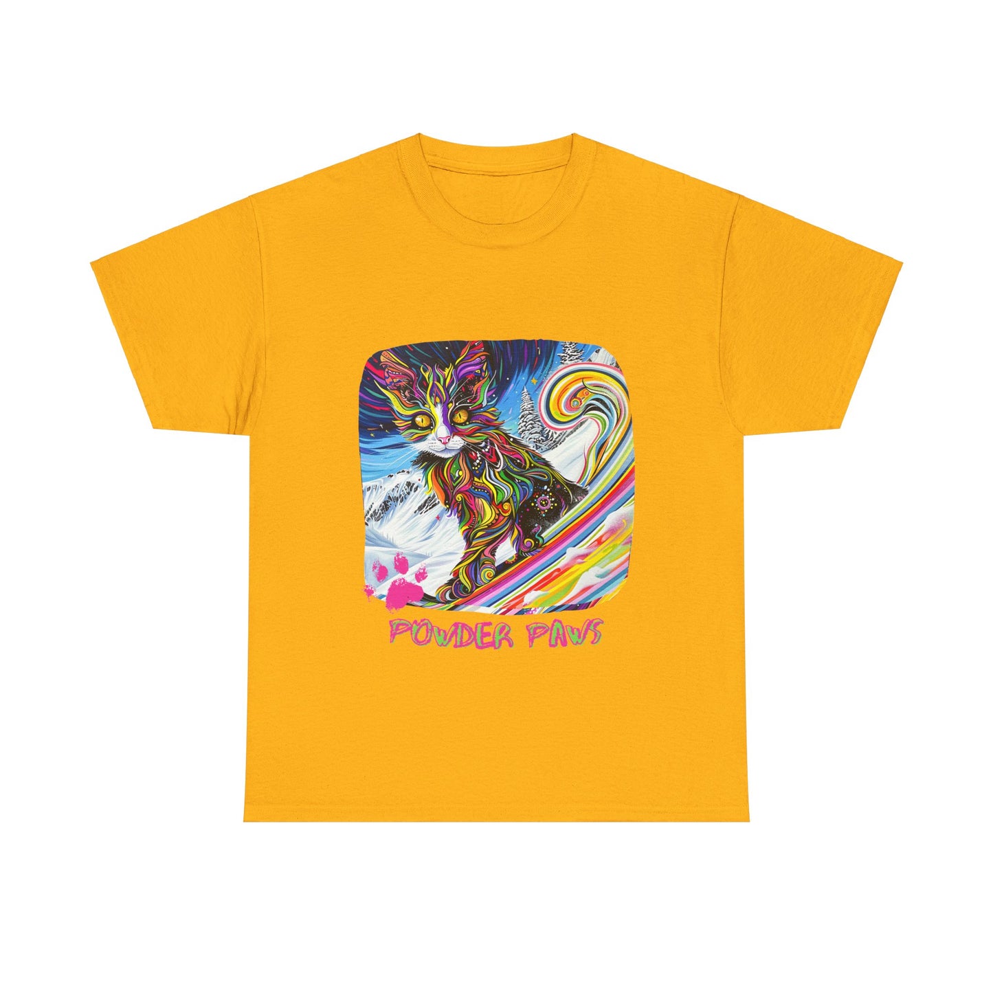 Powder Paws Snow, Snowboard Winter Sports Cat - Cat Art Graphic Tee, Ski Gift - Cool Cats Unisex Heavy Cotton Tee T-Shirt