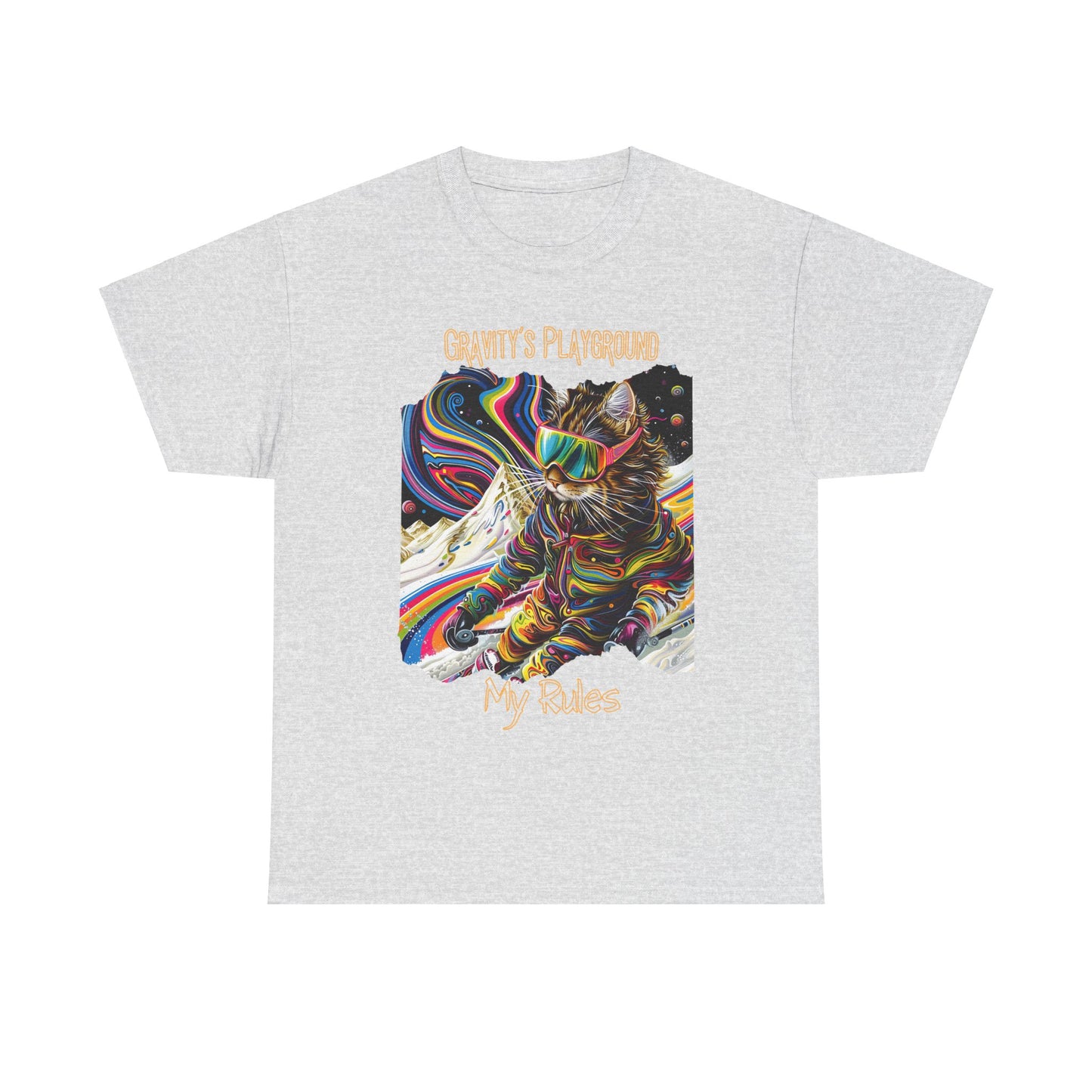 Gravity's Playground, MY Rules - Ski, Snow, Snowboard Winter Sports Cat (V2) Cat Art Gift -Cool Cats Graphic Tee Unisex Heavy Cotton Tee T-Shirt