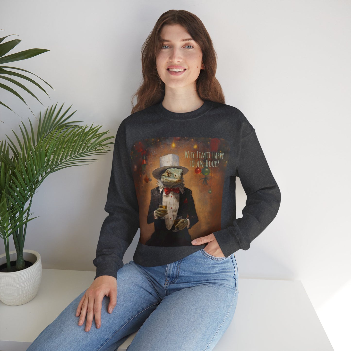 Cocktails -"Why Limit Happy to an Hour?"- Holiday Drinking Party Shirt, Iguana Gifts, Holiday Jumper Unisex Sweatshirt