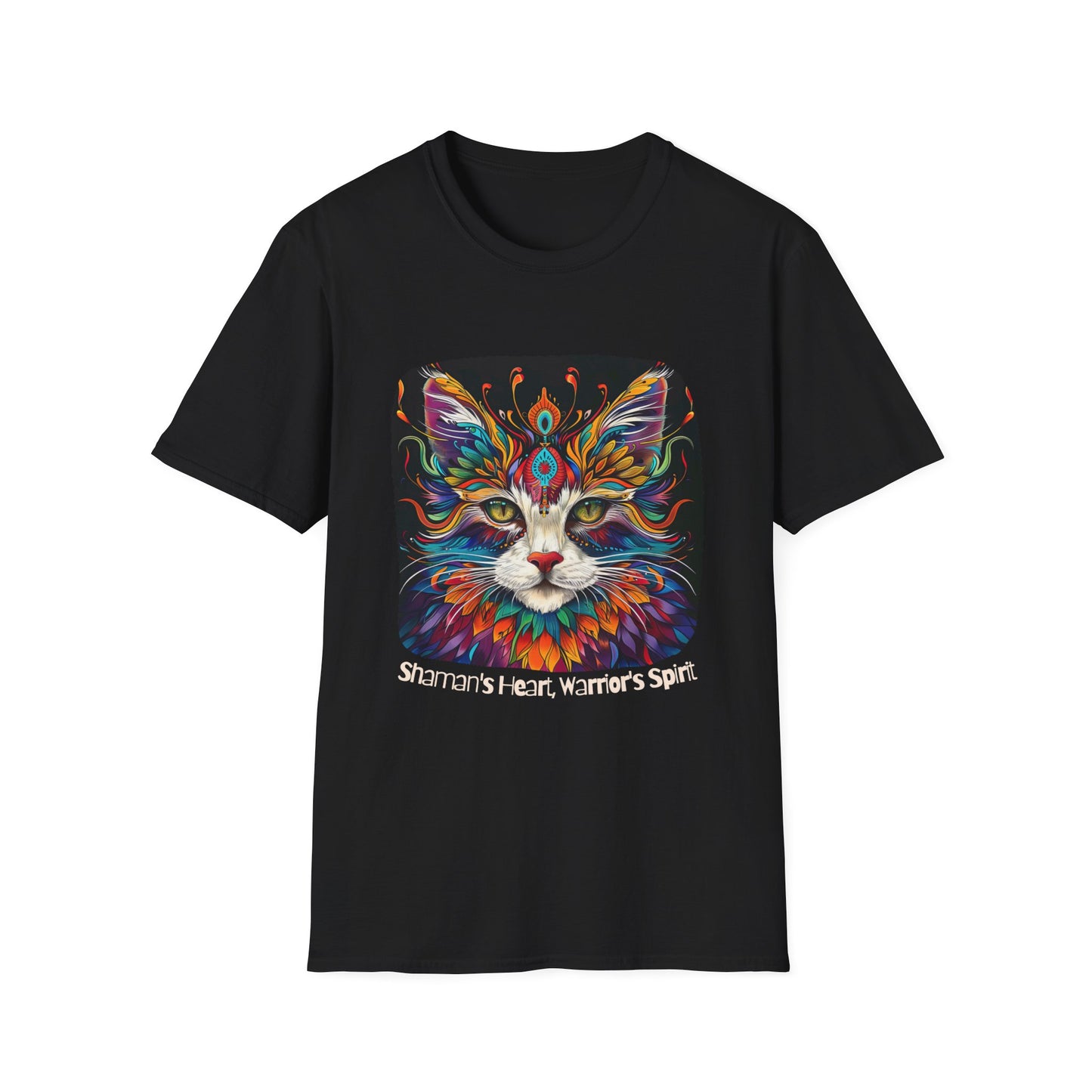 Shaman's Heart, Warrior's Spirit Graphic Cat Tee, Cat Lover's Graphic Tee Graphic Unisex T- Shirt, T-Shirt Cat Lovers Gift Softstyle T-Shirt Tee Teeshirt Stylized Cat
