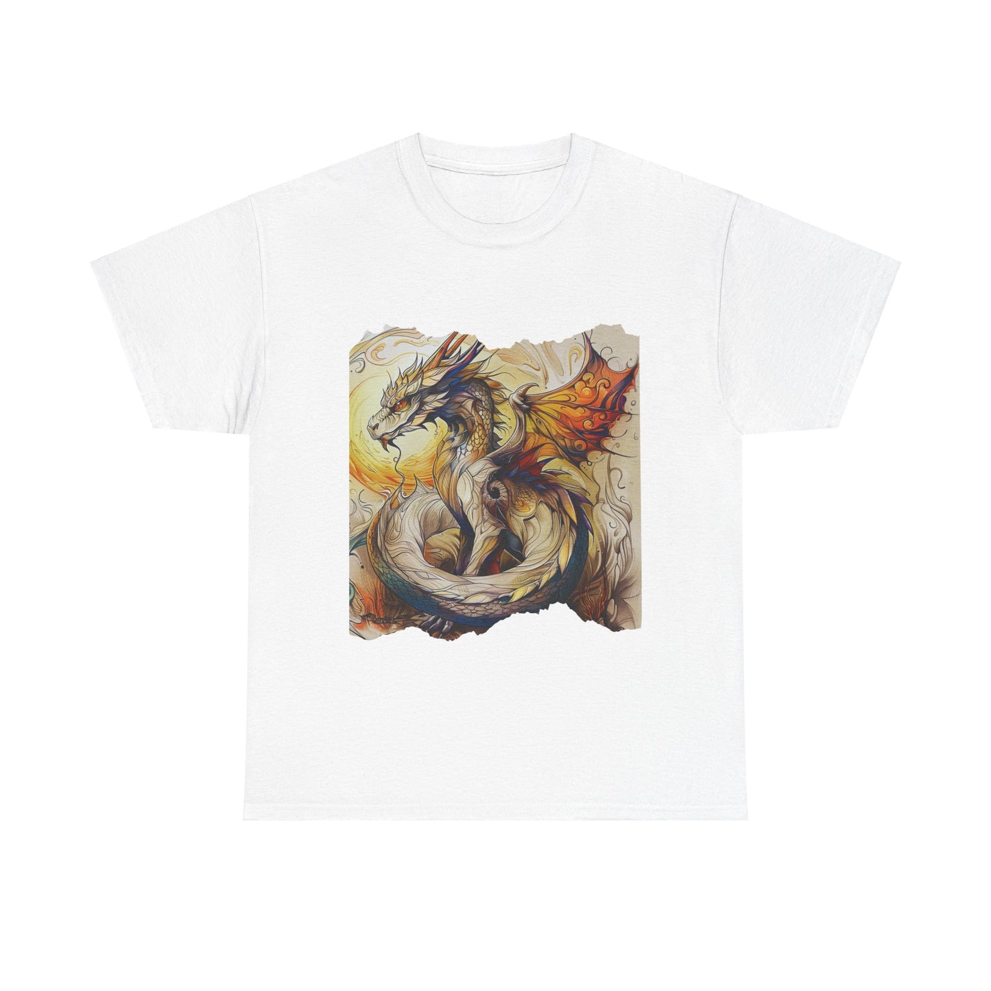 Dragons Yellow Sun Graphic Tee - Dragons and Ancestors - Dragon Lovers Unisex Heavy Cotton Tee T-Shirt