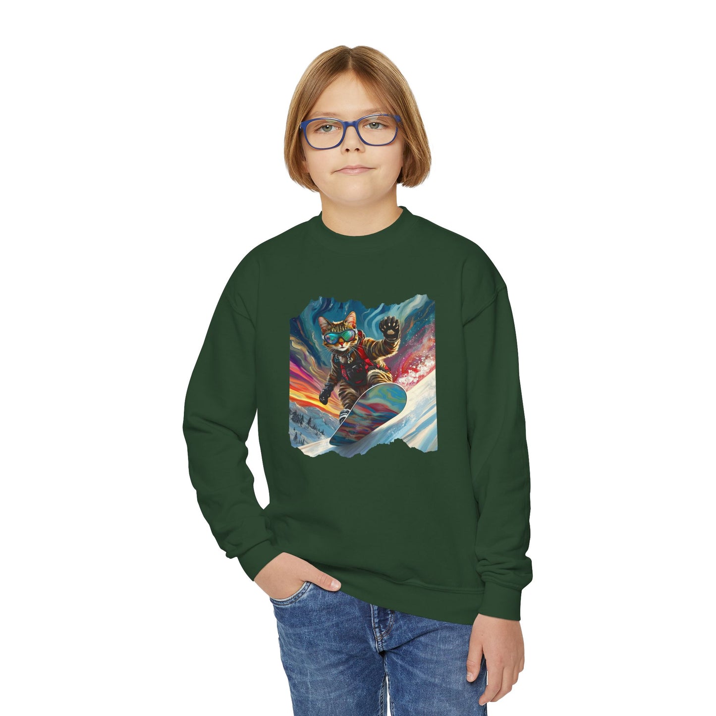 Shredding Snowboard Cat for Kids Sweatshirt - Colorful Snowboard Kitty, Kids Youth Crewneck Sweatshirt