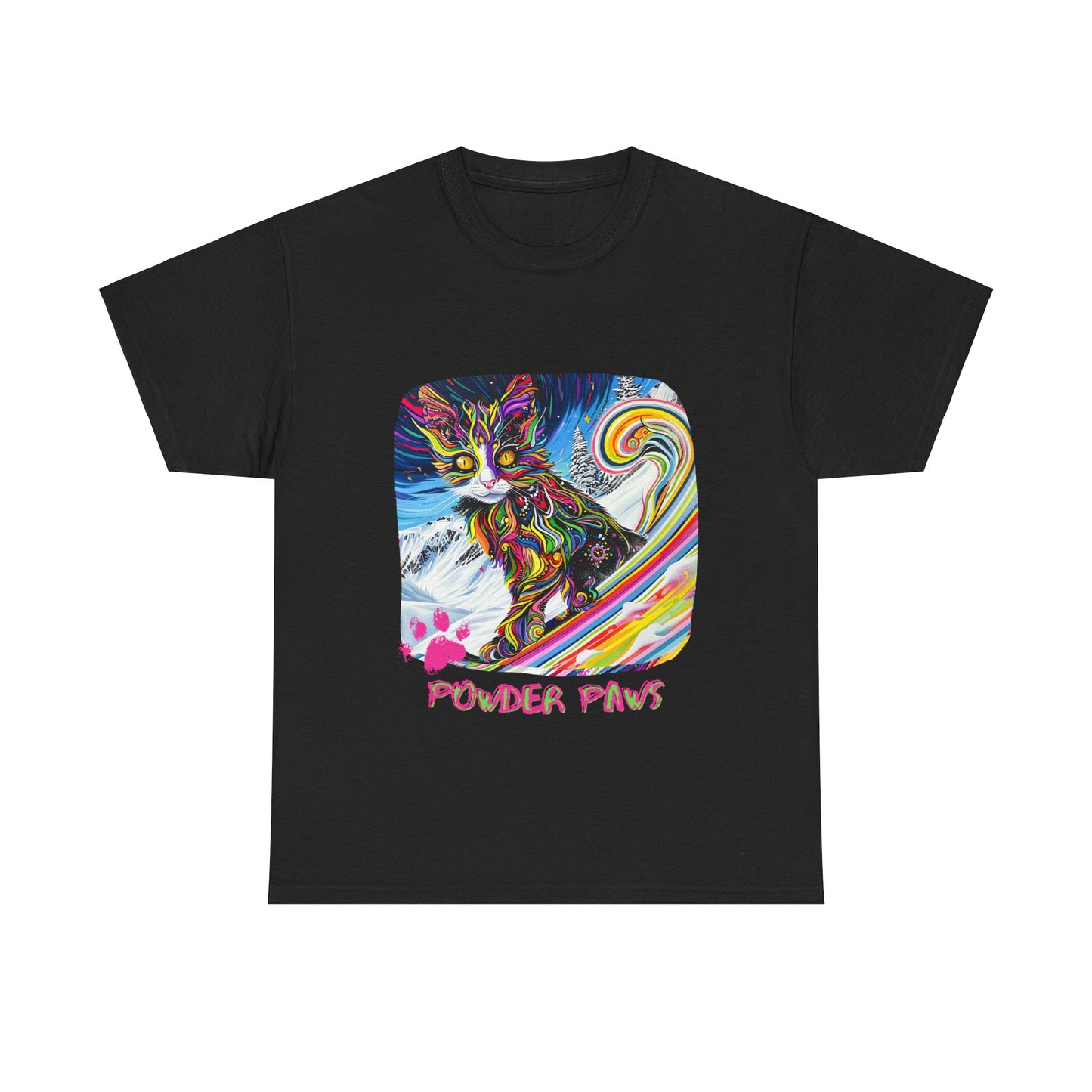 Powder Paws Snow, Snowboard Winter Sports Cat - Cat Art Graphic Tee, Ski Gift - Cool Cats Unisex Heavy Cotton Tee T-Shirt
