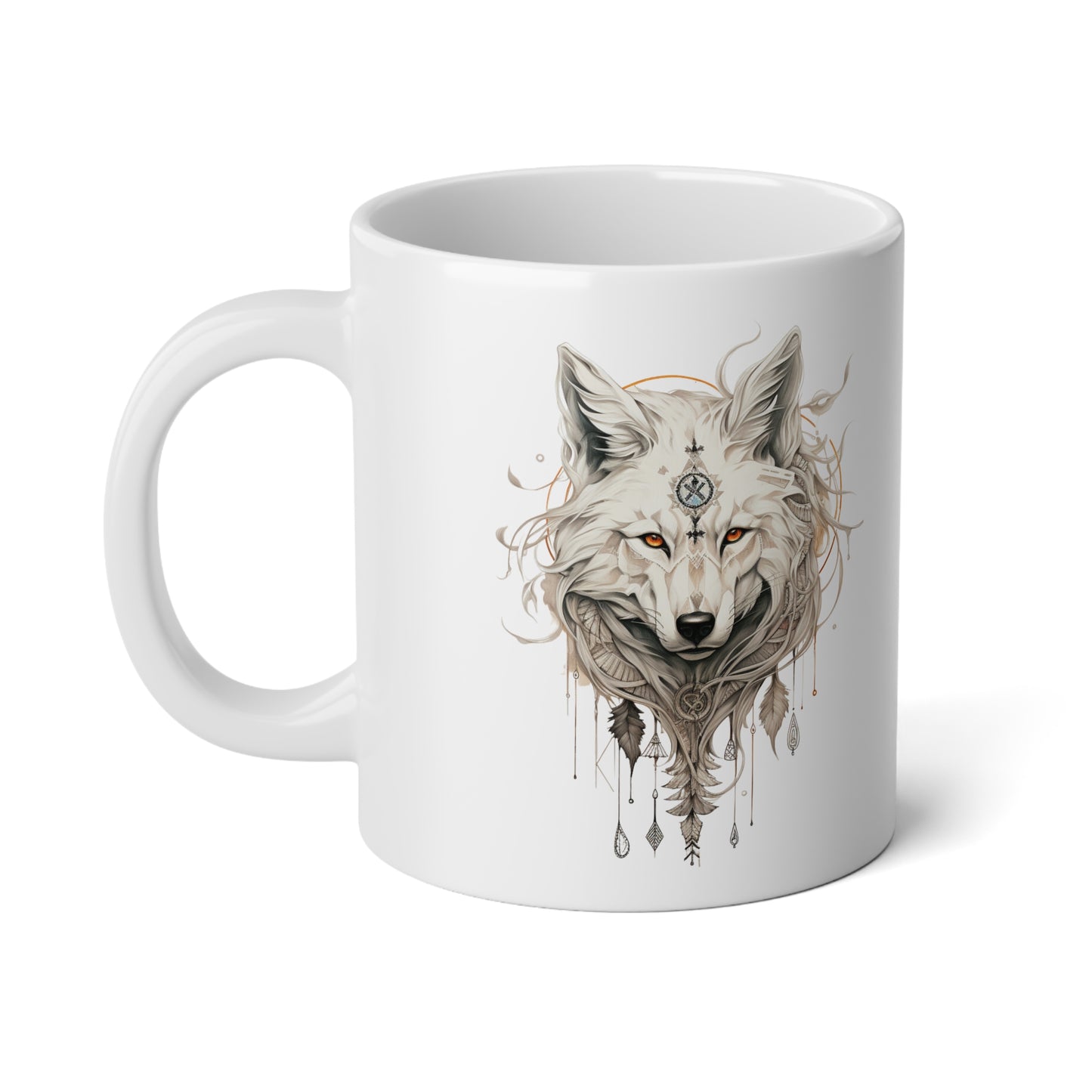 White Wolf Totem, Wolf Tribal Style Christmas Gift Mug, Jumbo 20 oz Mug XL Size Mug- White Wolf Medicine Christmas Gift