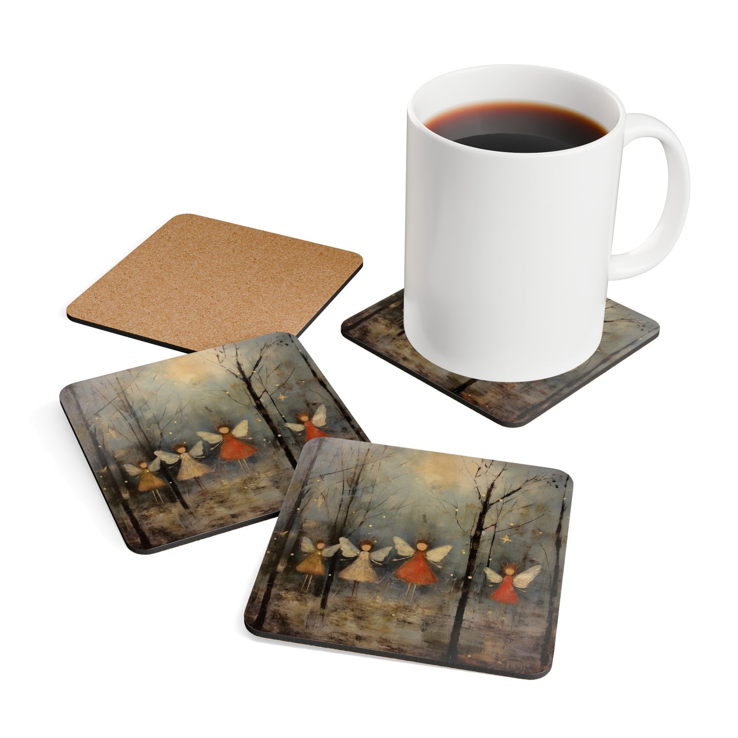 Faeries & Angels, Winter Folk Art Gift, Corkwood Coaster Set - Home Decor Gift