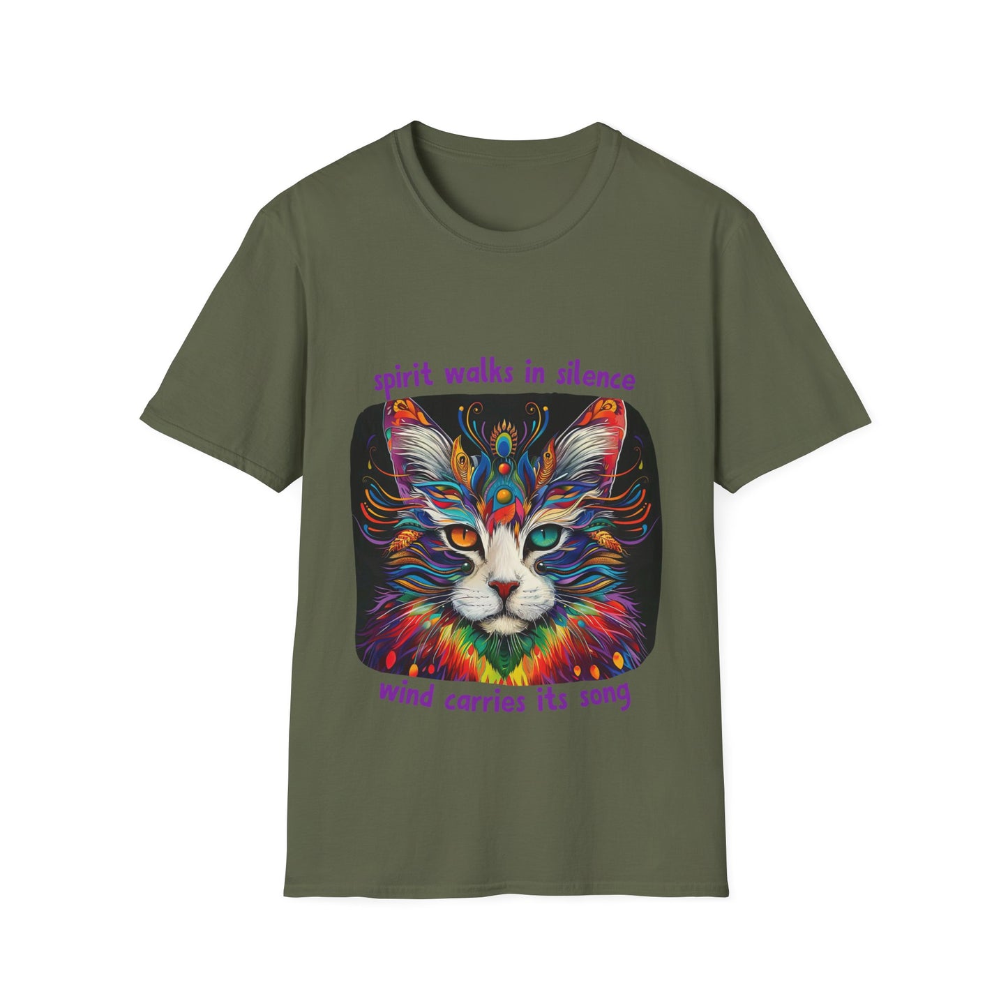 Spirit Walks in Silence, Wind Carries its Song - Shaman Graphic Cat Tee, Cat Lover's Graphic Tee Graphic Unisex T- Shirt, T-Shirt Cat Lovers Gift Softstyle T-Shirt Tee Teeshirt Stylized Cat