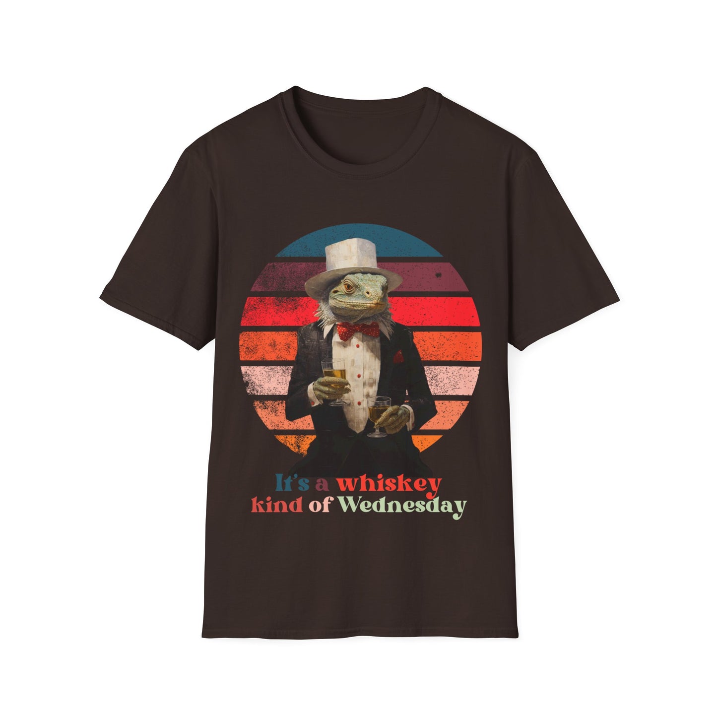 Retro Drinking Whiskey Iguana, "It's a Whiskey Kind of Wednesday" Cocktail, Happy Hour Drinking Gift Unisex Graphic Tee Shirt, T-Shirt Softstyle T-Shirt Tee Tee - New Years