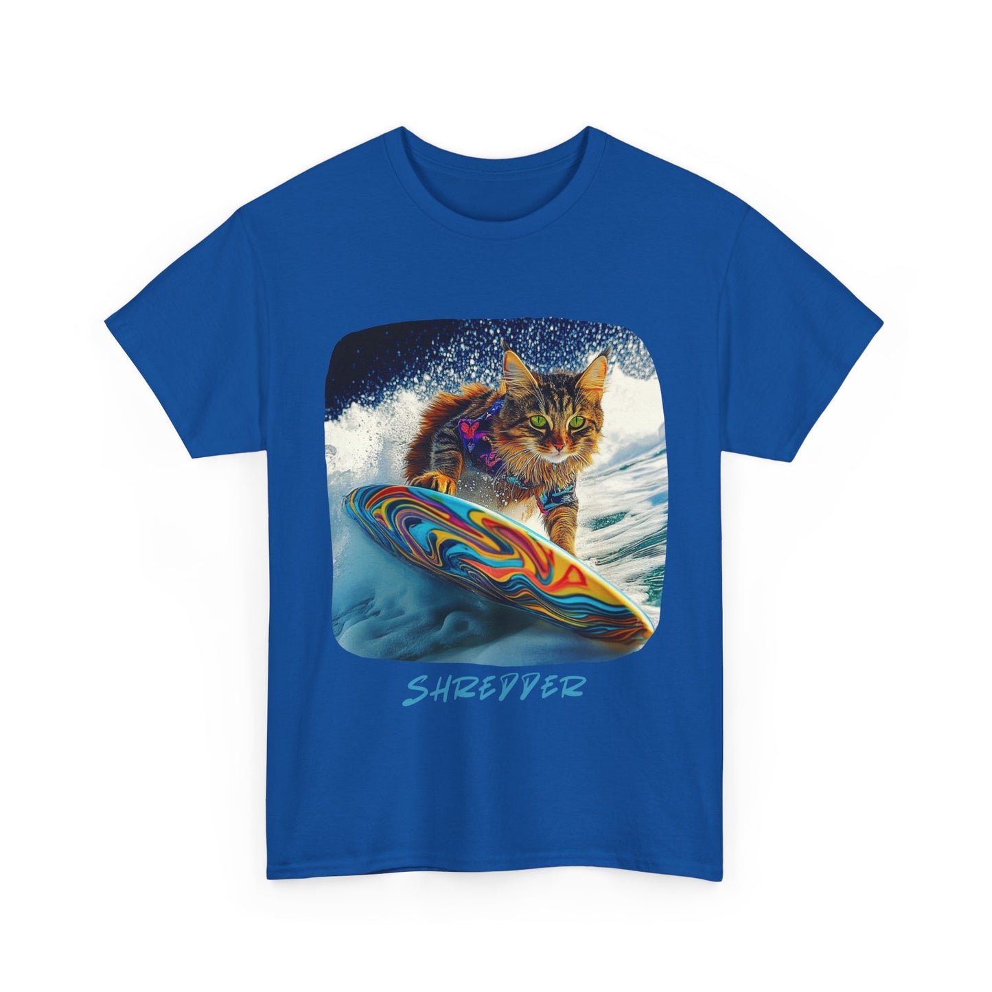 Shredder Surfer Cat, "Shredder" T-shirt, Cat on Surfboard Graphic Tee- Water Sports Cat (V1) Cat Art Gift - Cool Cats Unisex Heavy Cotton Tee T-Shirt