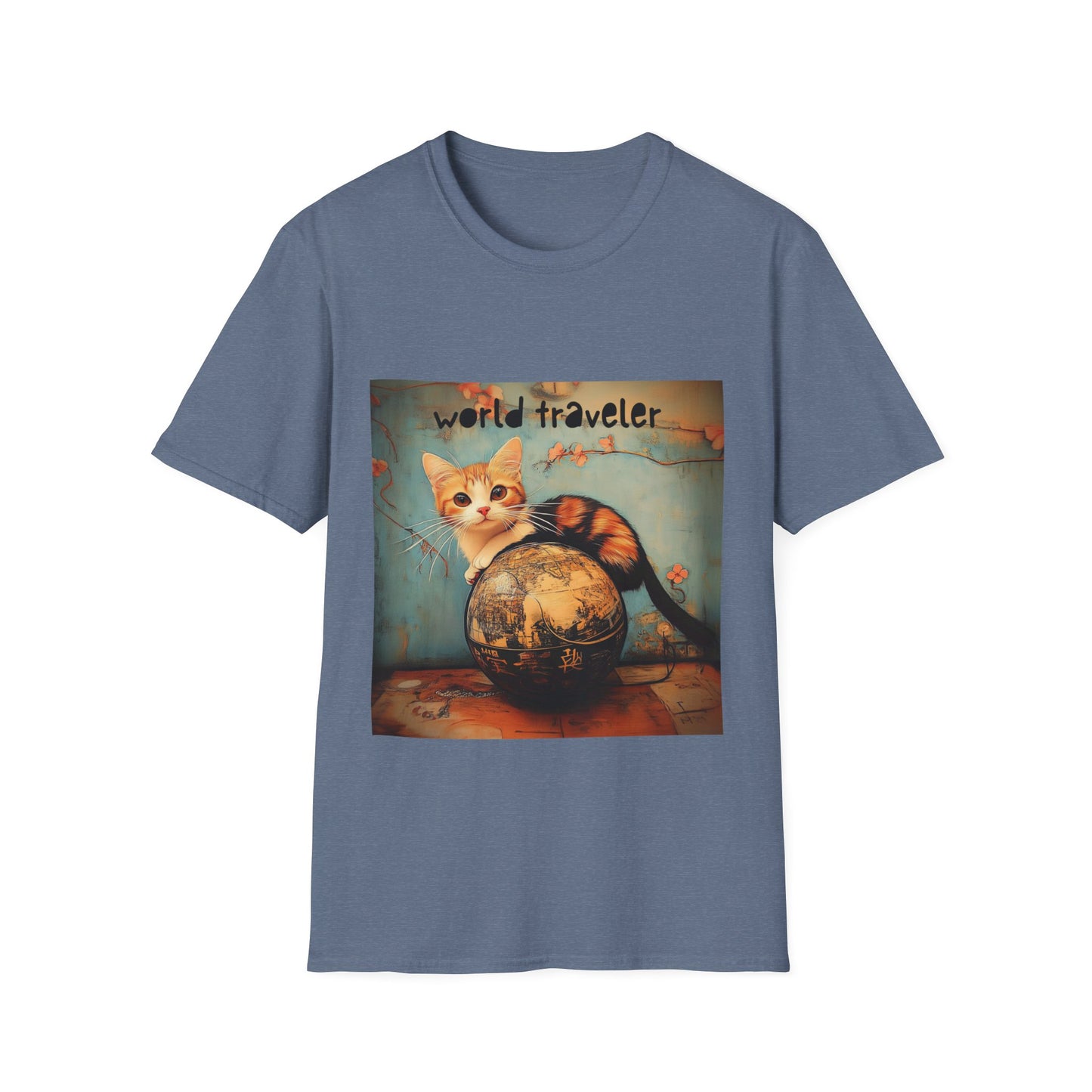 World Traveler Cute Cat Shirt, Cat Lover's Gift Graphic Tee Shirt, Text Reads "World Traveler" Unisex Softstyle T-Shirt Tee Teeshirt Retro