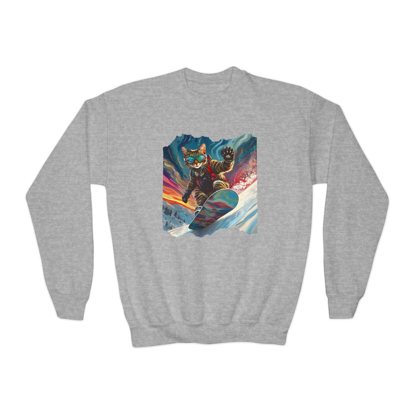 Shredding Snowboard Cat for Kids Sweatshirt - Colorful Snowboard Kitty, Kids Youth Crewneck Sweatshirt