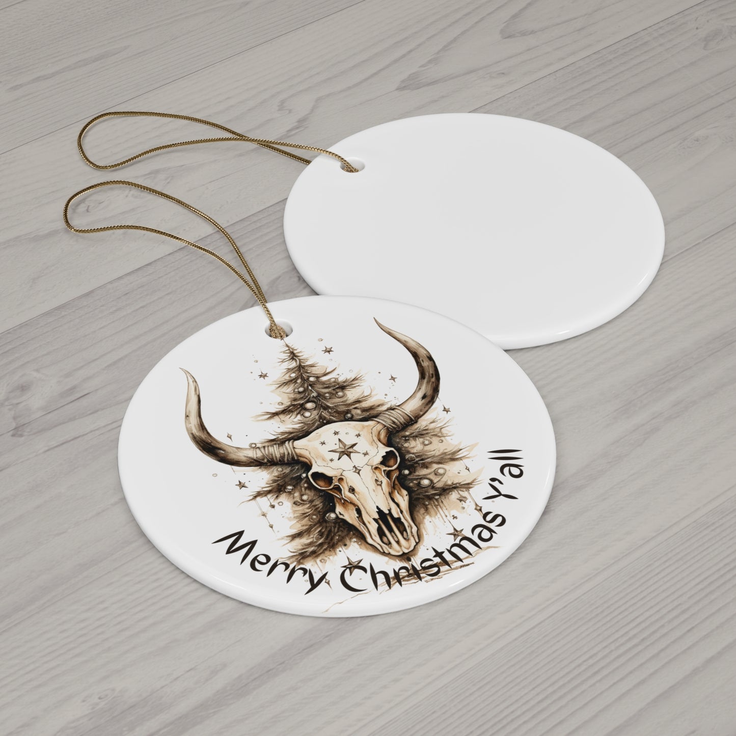 Texas Longhorn Christmas Greeting Ceramic Tree Ornament. "Merry Christmas Y'all" Southern South Ceramic Christmas Gift Cow Skull