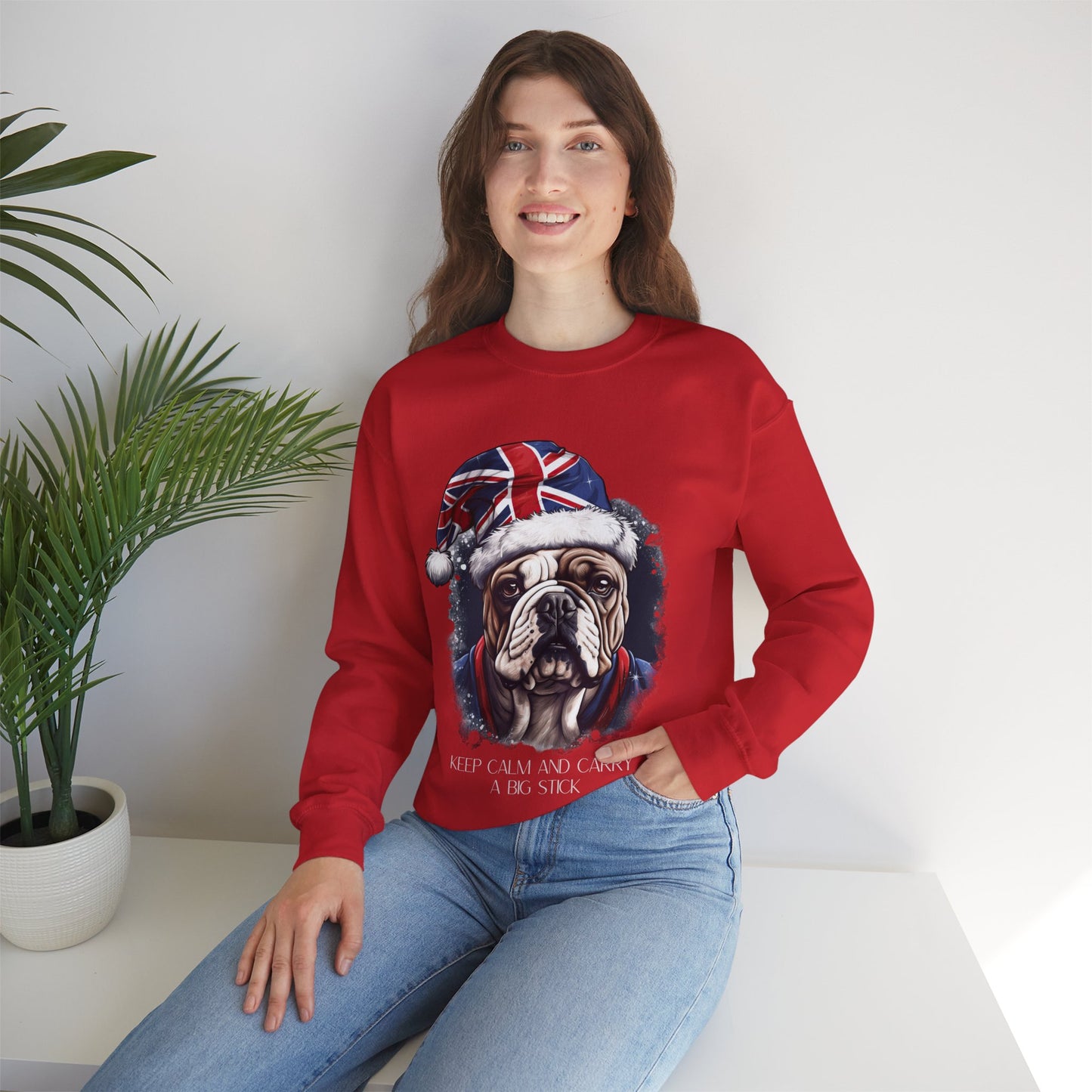 British English Bulldog - Keep Calm and Carry a Big Stick Union Jack Unisex Long Sleeve Jersey Cotton Shirt Mens Women Sweatshirt Sweat Shirt