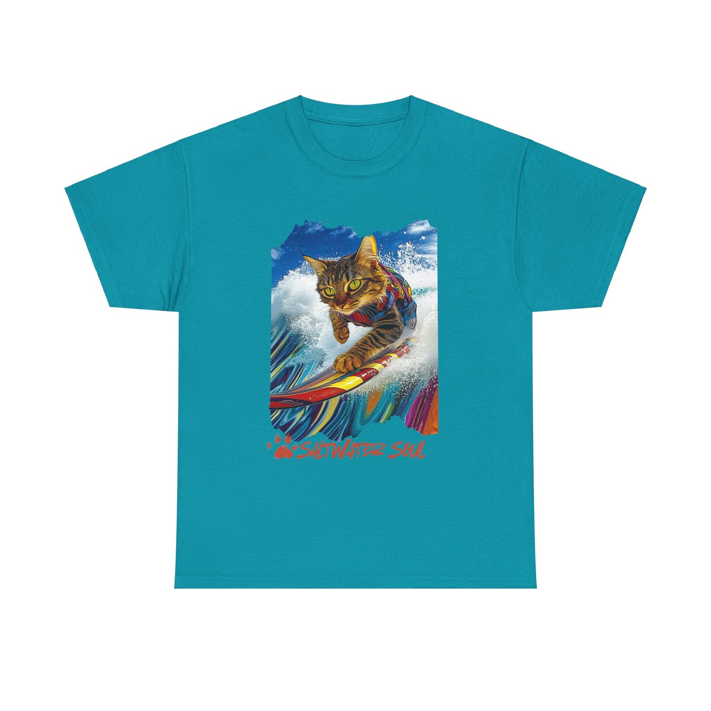 Saltwater Soul Surfer Cat, T-shirt, Cat on Surfboard Graphic Tee- Water Sports Cat Cat Art Gift - Cool Cats Unisex Heavy Cotton Tee T-Shirt