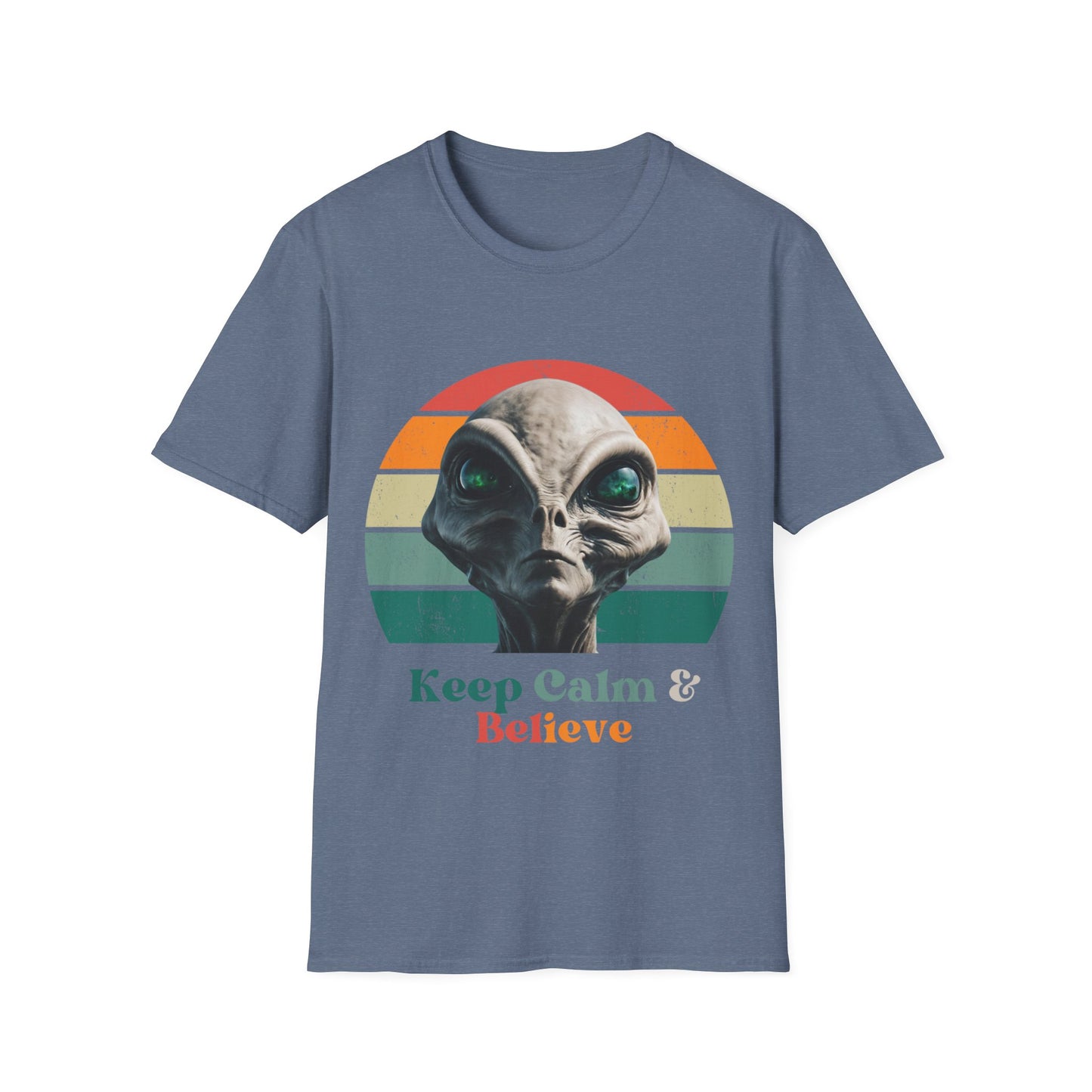 Retro Alien ET, Extraterrestrial Shirt, T-Shirt, "Keep Calm and Believe" Softstyle Unisex Tee Shirt - 60s 70s Vibe- Keep Calm Hippie Shirt