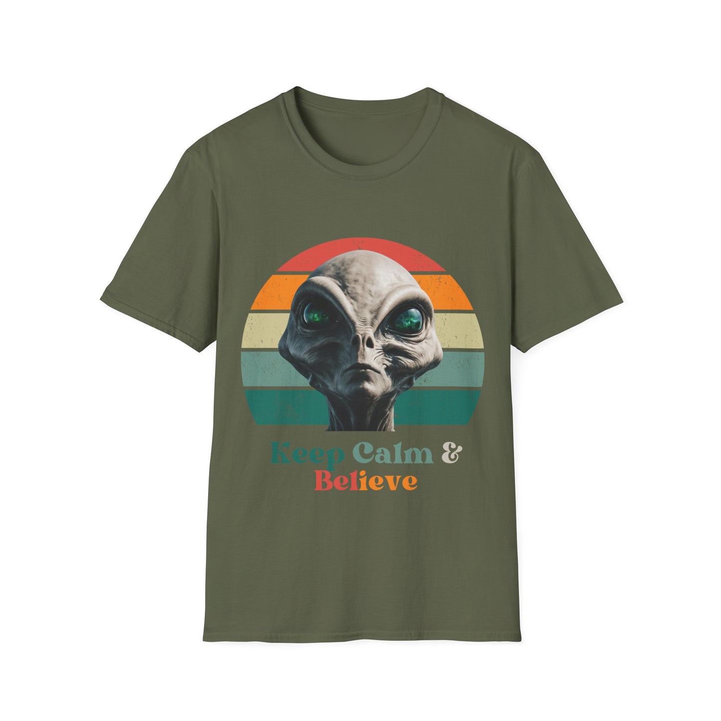 Retro Alien ET, Extraterrestrial Shirt, T-Shirt, "Keep Calm and Believe" Softstyle Unisex Tee Shirt - 60s 70s Vibe- Keep Calm Hippie Shirt