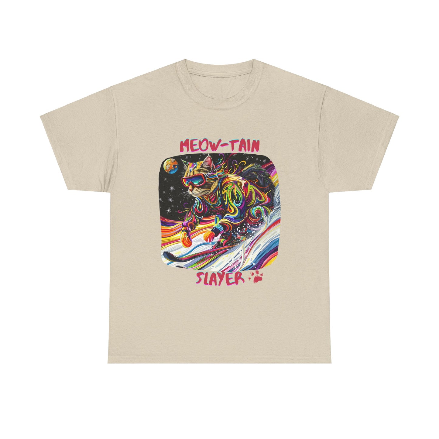 Meow-tain Slayer - Ski, Snow, Snowboard Winter Sports Cat Cat Art Graphic Tee, Ski Gift - Cool Cats Unisex Heavy Cotton Tee T-Shirt