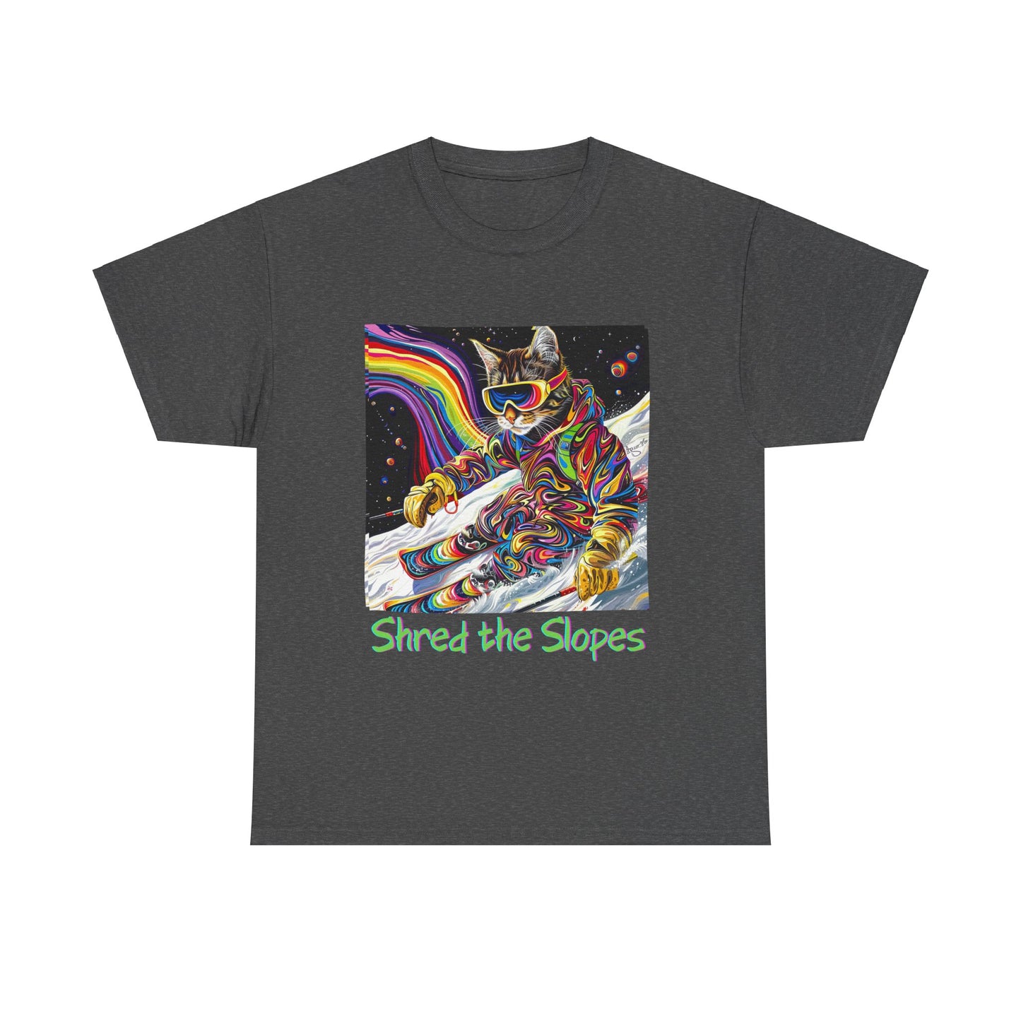 Shred the Slopes - Ski, Snow, Snowboard Winter Sports Cat Cat Art Graphic Tee, Ski Gift - Cool Cats Unisex Heavy Cotton Tee T-Shirt