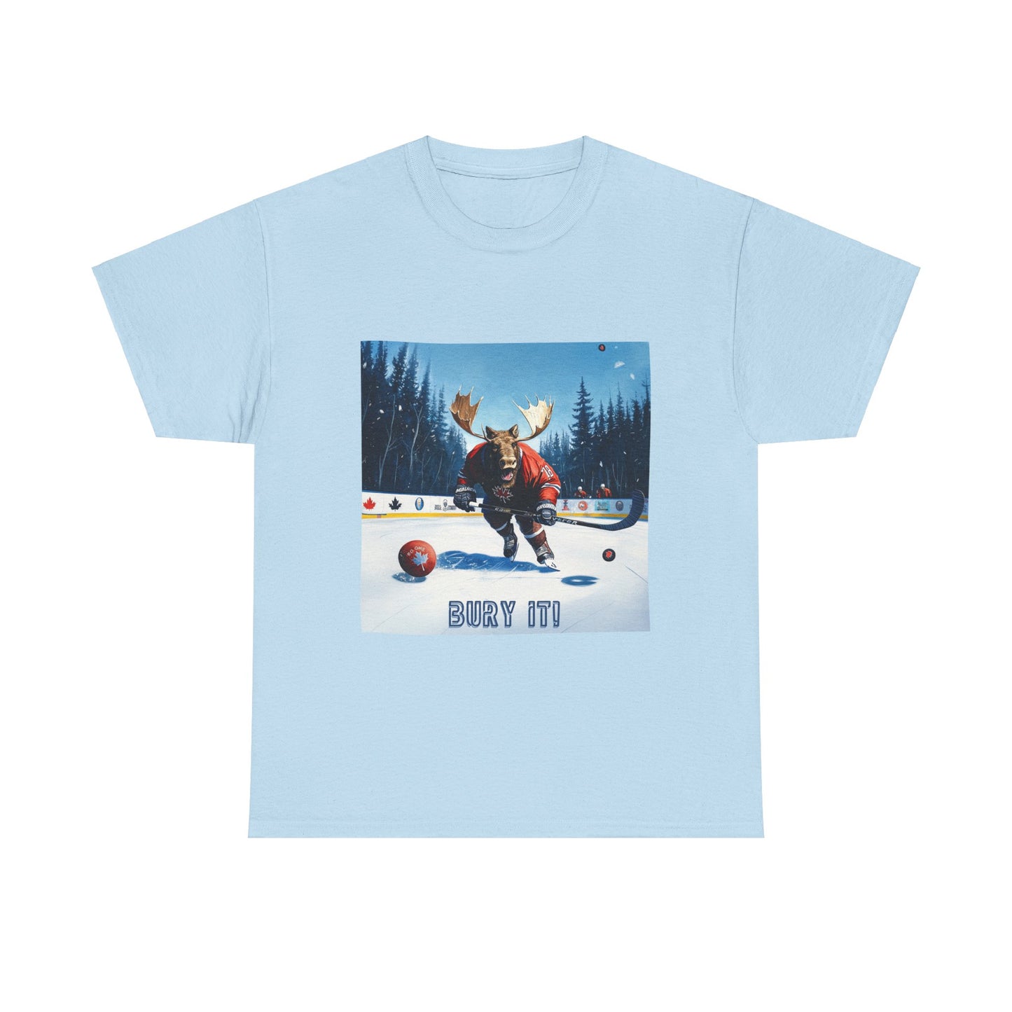 "Bury It" Hockey Player Moose - Moose Lover Hockey Graphic Tee Unisex Heavy Cotton Tee T-Shirt