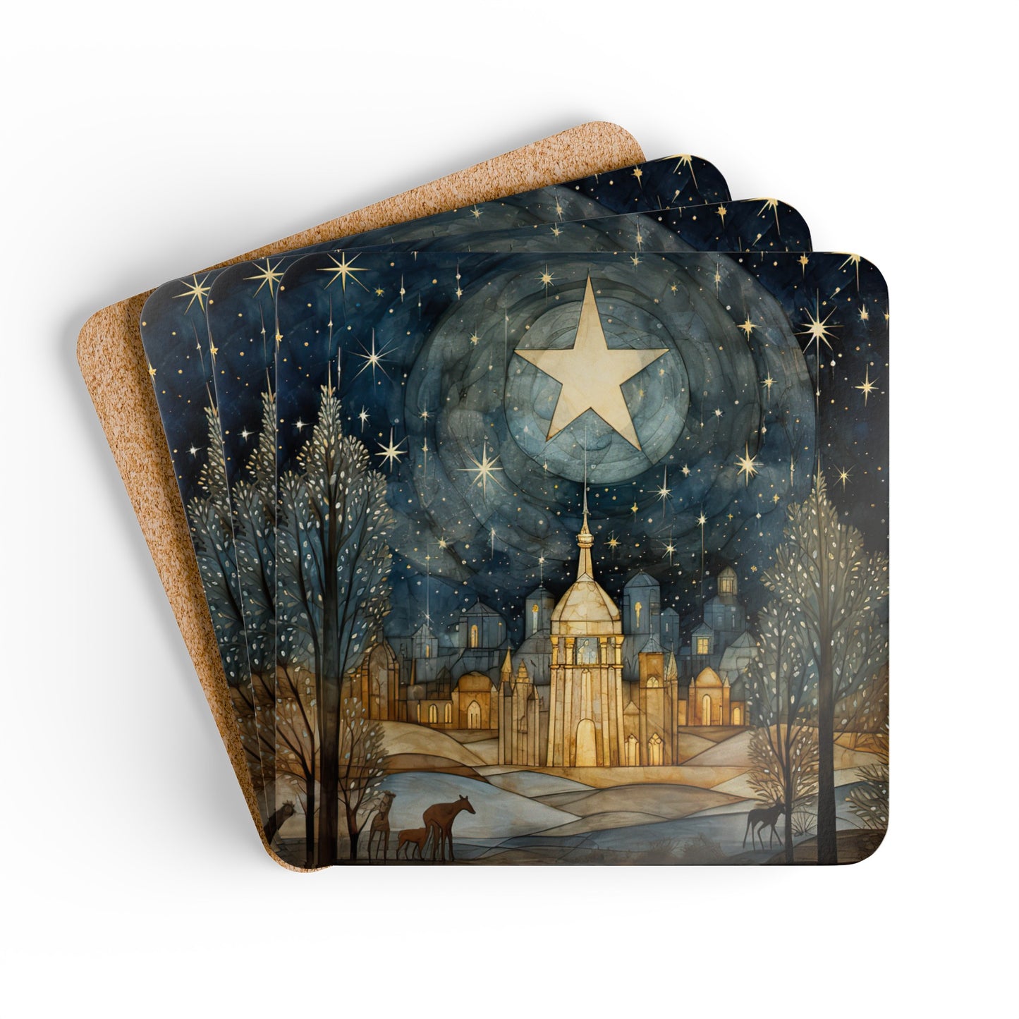 Winter Star, Starry Night Sky Folk Art Gift, Corkwood Coaster Set - Christmas Gift