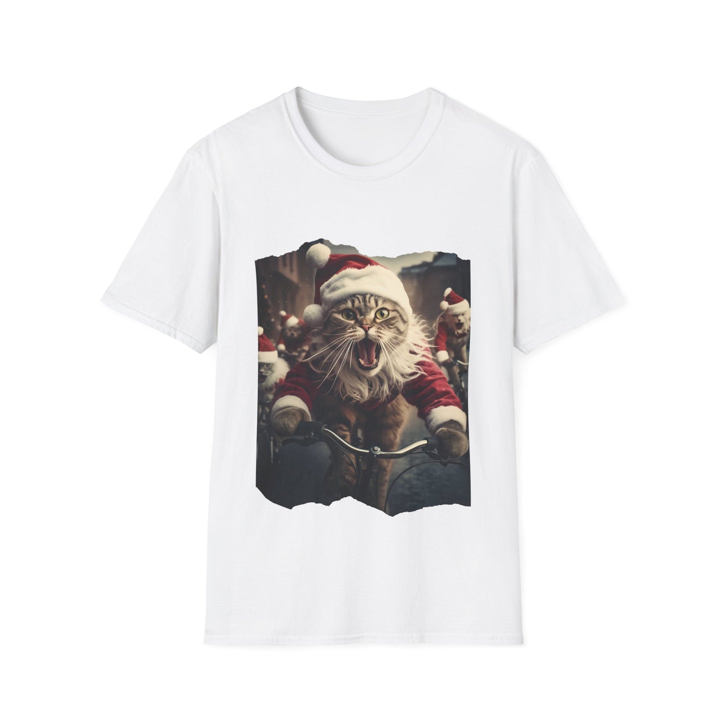 Screaming Cats on Bikes Holiday Christmas Cat Shirt, Cat Lover's Graphic Tee Graphic Unisex T- Shirt, T-Shirt Cat Lovers Gift Softstyle T-Shirt Tee Christmas JumperTeeshirt Stylized Cat