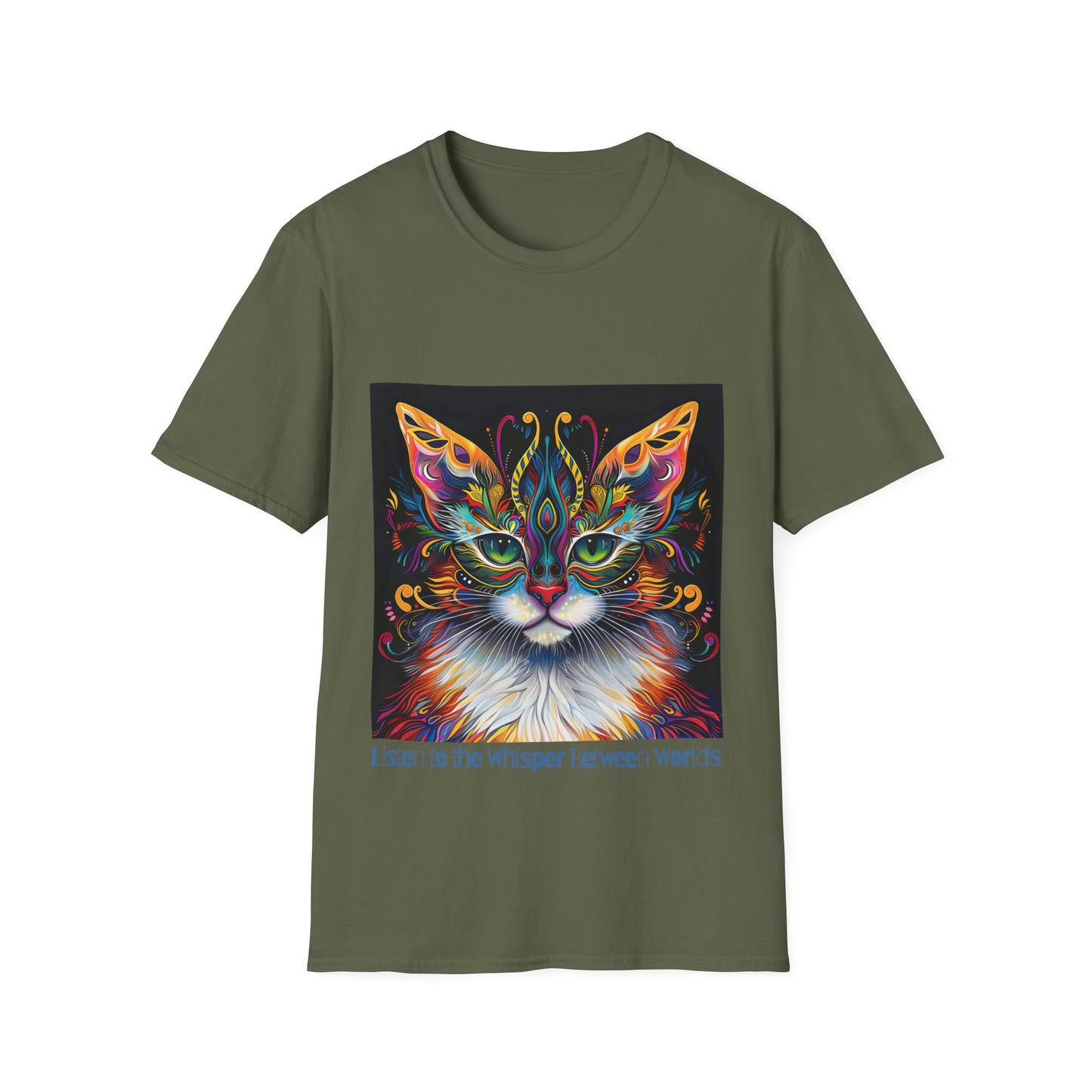 Listen to the Whisper Between Worlds- Shaman Graphic Cat Tee, Cat Lover's Graphic Tee Graphic Unisex T- Shirt, T-Shirt Cat Lovers Gift Softstyle T-Shirt Tee Teeshirt Stylized Cat