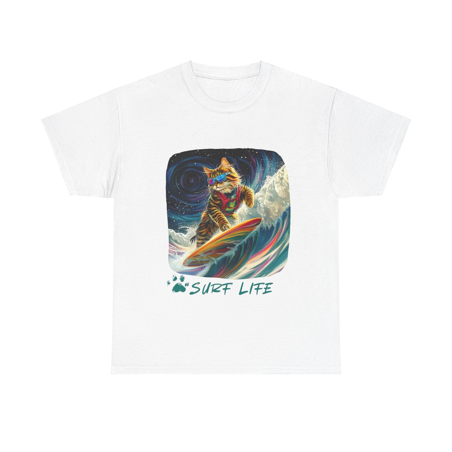 Surf LIfe - Surfer Surfing Cat Graphic Tee, Cat on Surfboard - Shirt reads "Surf Life" Cats Art Gift - Cool Cats Unisex Heavy Cotton Tee T-Shirt