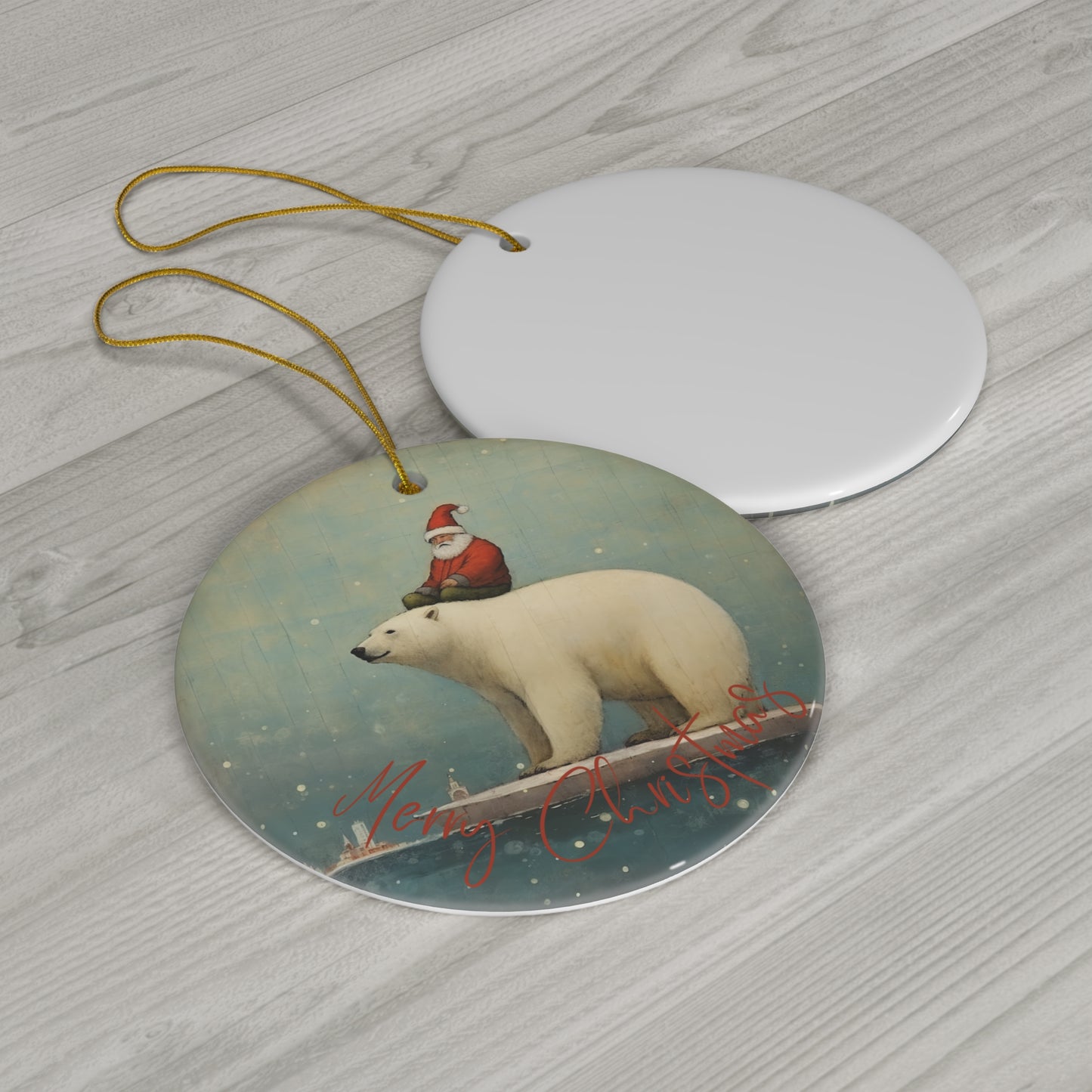 Santa on a Polar Bear on an Iceberg, Conservation Santa North Pole Christmas Greetings - Christmas Keepsake Ornament Ceramic