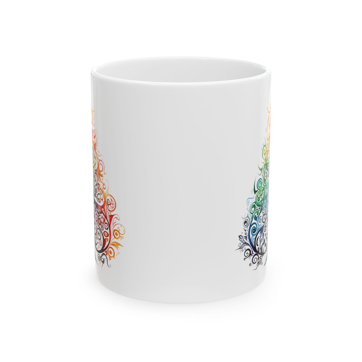Tribal Art Style Christmas Tree Gift Mug, Printed Art, Christmas Family Artistic Tree, Ceramic Mug 11oz Colorful, Bright and Cheery