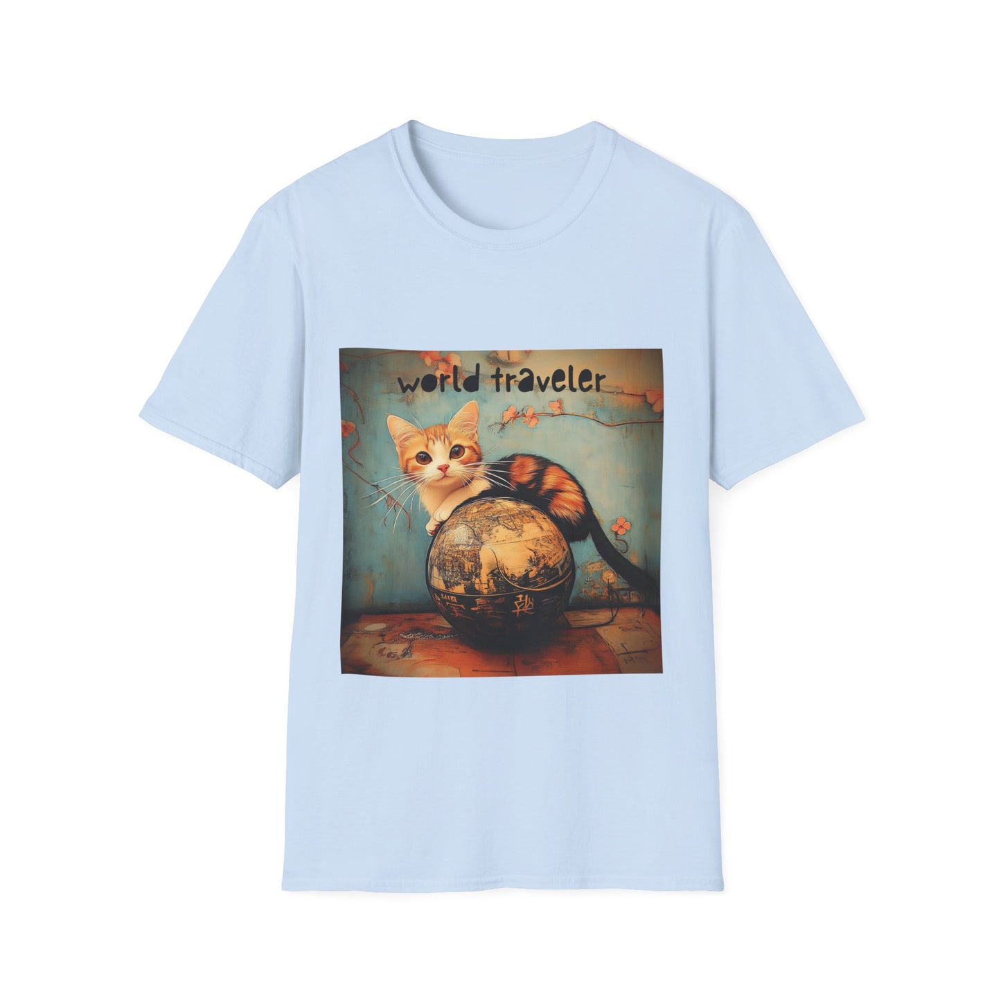 World Traveler Cute Cat Shirt, Cat Lover's Gift Graphic Tee Shirt, Text Reads "World Traveler" Unisex Softstyle T-Shirt Tee Teeshirt Retro