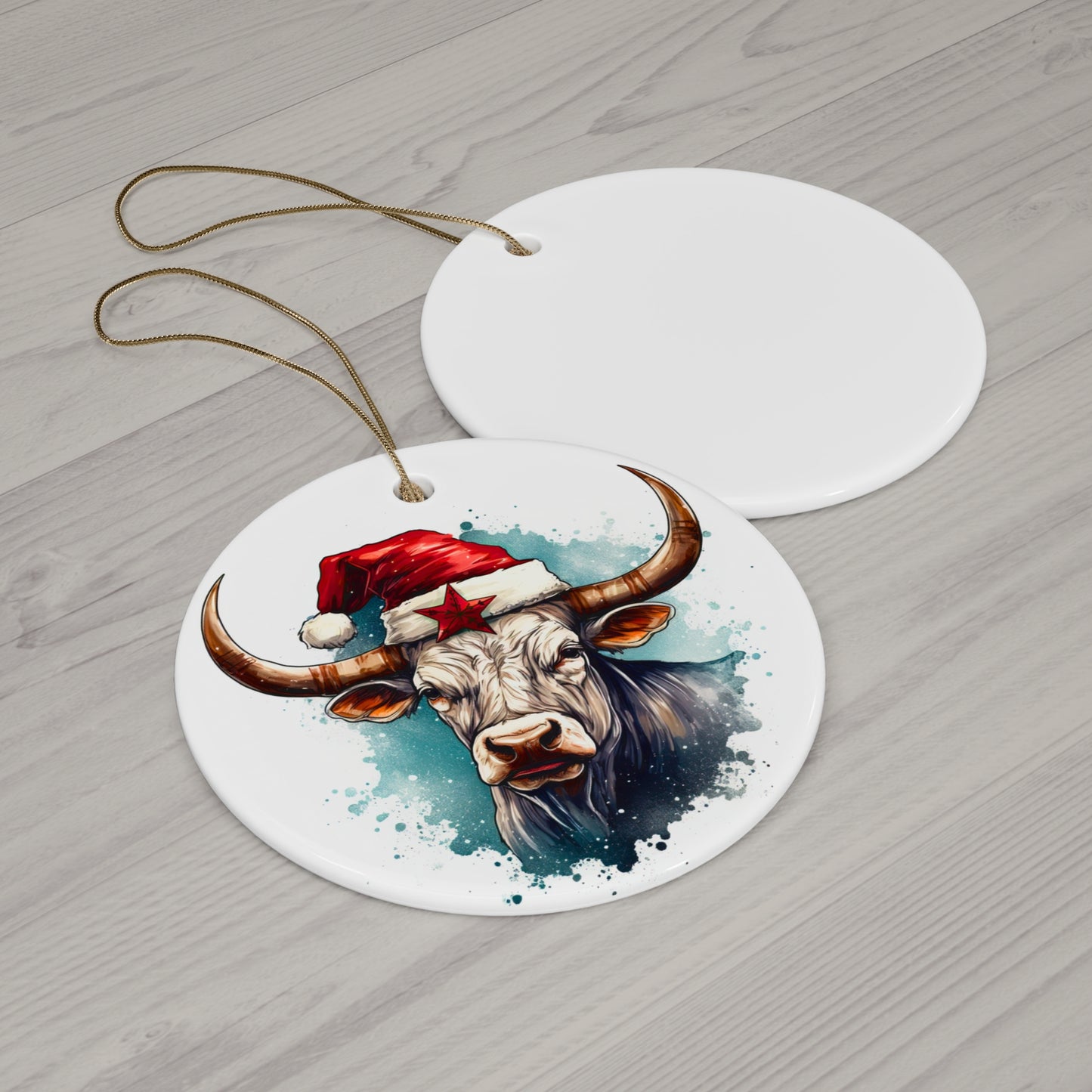 Longhorn with Santa Christmas Hat, Ceramic Tree Ornament. Cattle Cow Country Texas Oklahoma Christmas Gift