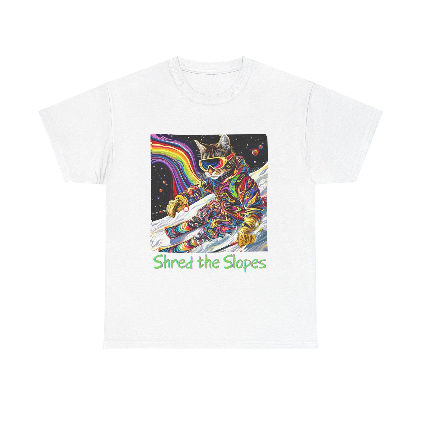 Shred the Slopes - Ski, Snow, Snowboard Winter Sports Cat Cat Art Graphic Tee, Ski Gift - Cool Cats Unisex Heavy Cotton Tee T-Shirt