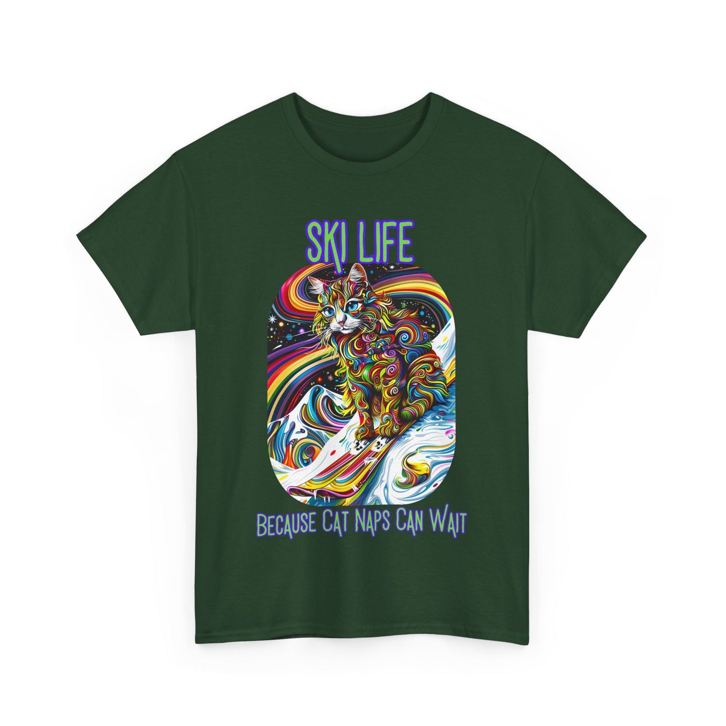 Ski Life- Because Cat Naps Can Wait - "Ski,, snow, Snowboard Winter Sports Cat (V2) Cat Art Gift -Cool Cats Graphic Tee Unisex Heavy Cotton Tee T-Shirt