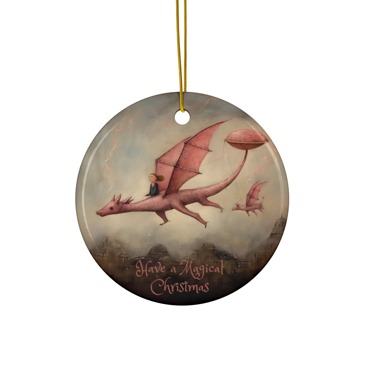 Pink Flying Dragon Dinosaur- Christmas Dragon Ceramic Christmas Ornament - Magical Dragon Dinosaur Kids Ornament Gift