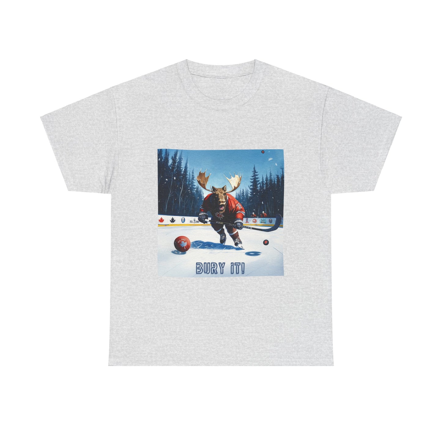 "Bury It" Hockey Player Moose - Moose Lover Hockey Graphic Tee Unisex Heavy Cotton Tee T-Shirt