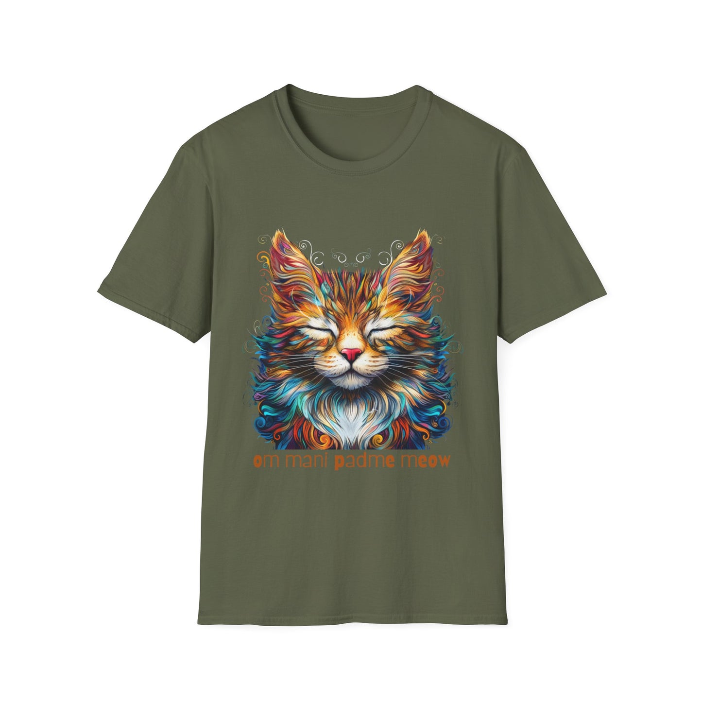 Om Mani Padme Meow - Meditating Cat Shirt, Cat Lover's Graphic Tee Graphic Unisex T- Shirt, T-Shirt Cat Lovers Gift Softstyle T-Shirt Tee Teeshirt Stylized Cat