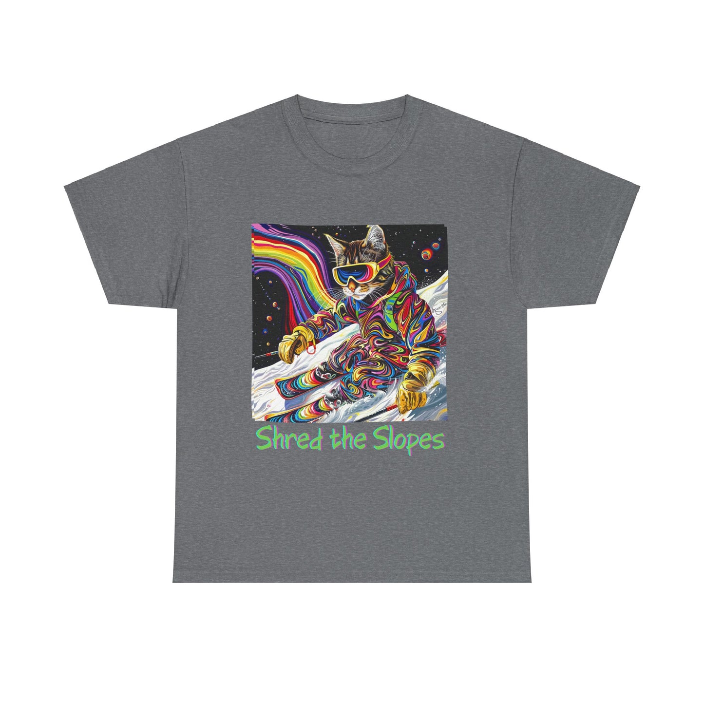 Shred the Slopes - Ski, Snow, Snowboard Winter Sports Cat Cat Art Graphic Tee, Ski Gift - Cool Cats Unisex Heavy Cotton Tee T-Shirt