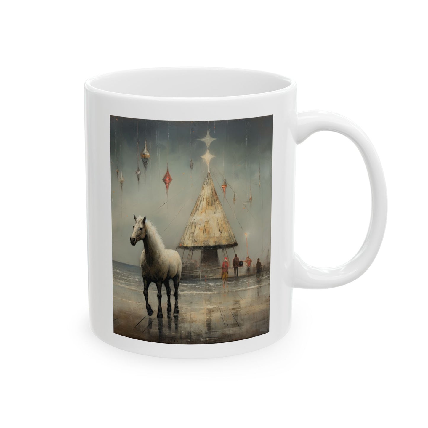 White Christmas Whimsical Horse, Horse on a Pier, Christmas Gift Mug, White Horse Lover Cat Enthusiast Printed Ceramic Mug 11oz