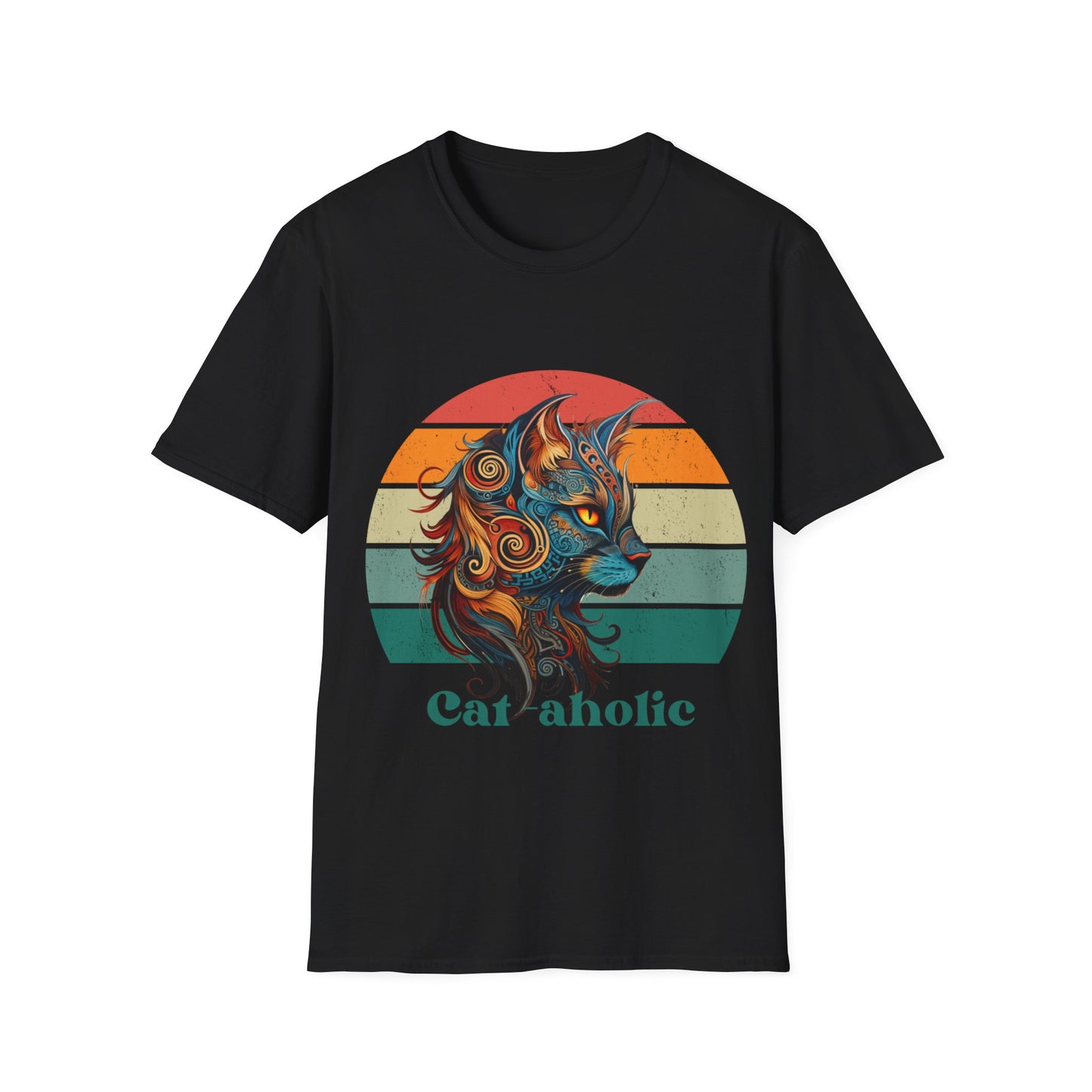 Retro Cat-aholoic Cat Shirt, Cat Lover's Graphic T-shirt, Boho retro Gift Unisex Tee Shirt, T-Shirt Cat Lovers Gift Softstyle T-Shirt Tee Teeshirt 60s 70s