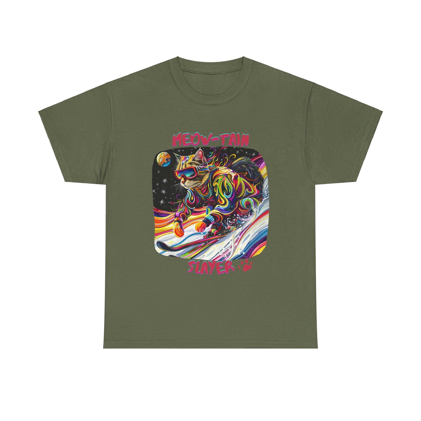 Meow-tain Slayer - Ski, Snow, Snowboard Winter Sports Cat Cat Art Graphic Tee, Ski Gift - Cool Cats Unisex Heavy Cotton Tee T-Shirt