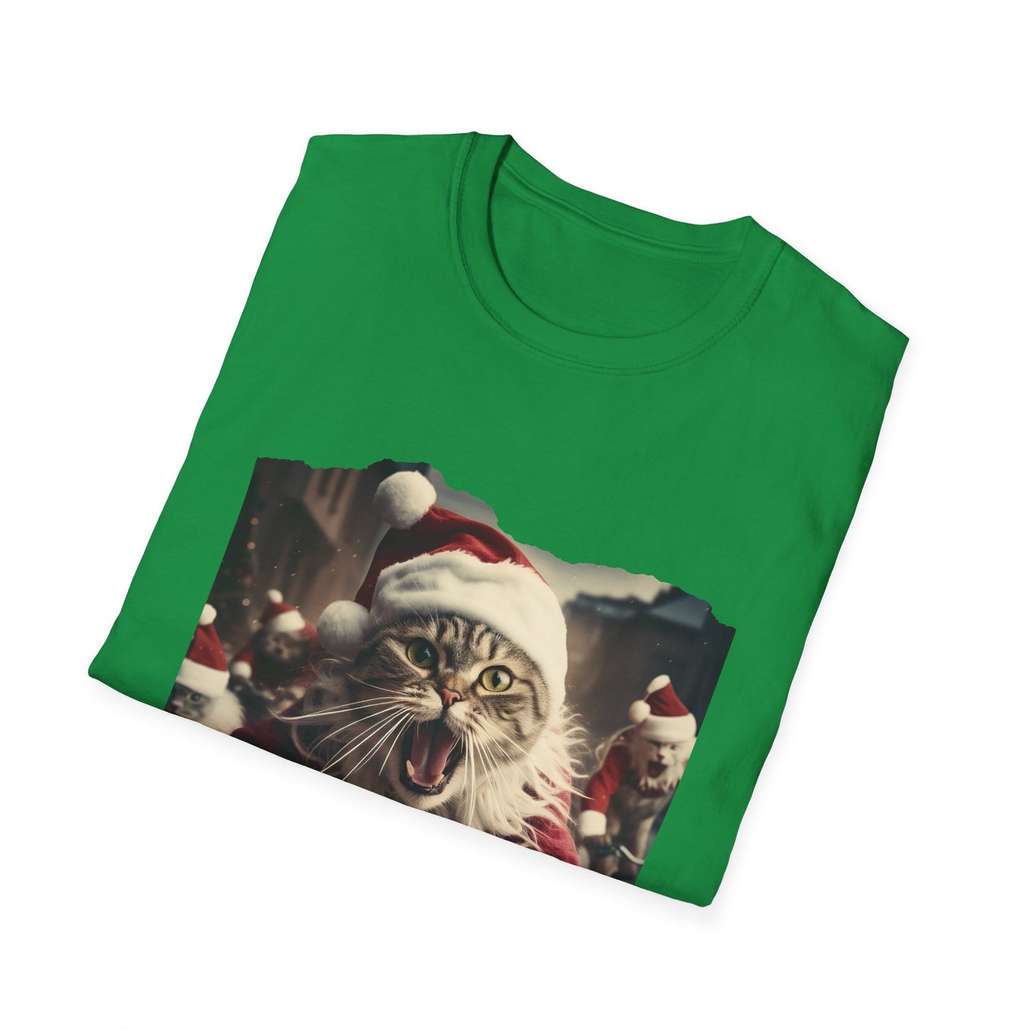 Screaming Cats on Bikes Holiday Christmas Cat Shirt, Cat Lover's Graphic Tee Graphic Unisex T- Shirt, T-Shirt Cat Lovers Gift Softstyle T-Shirt Tee Christmas JumperTeeshirt Stylized Cat
