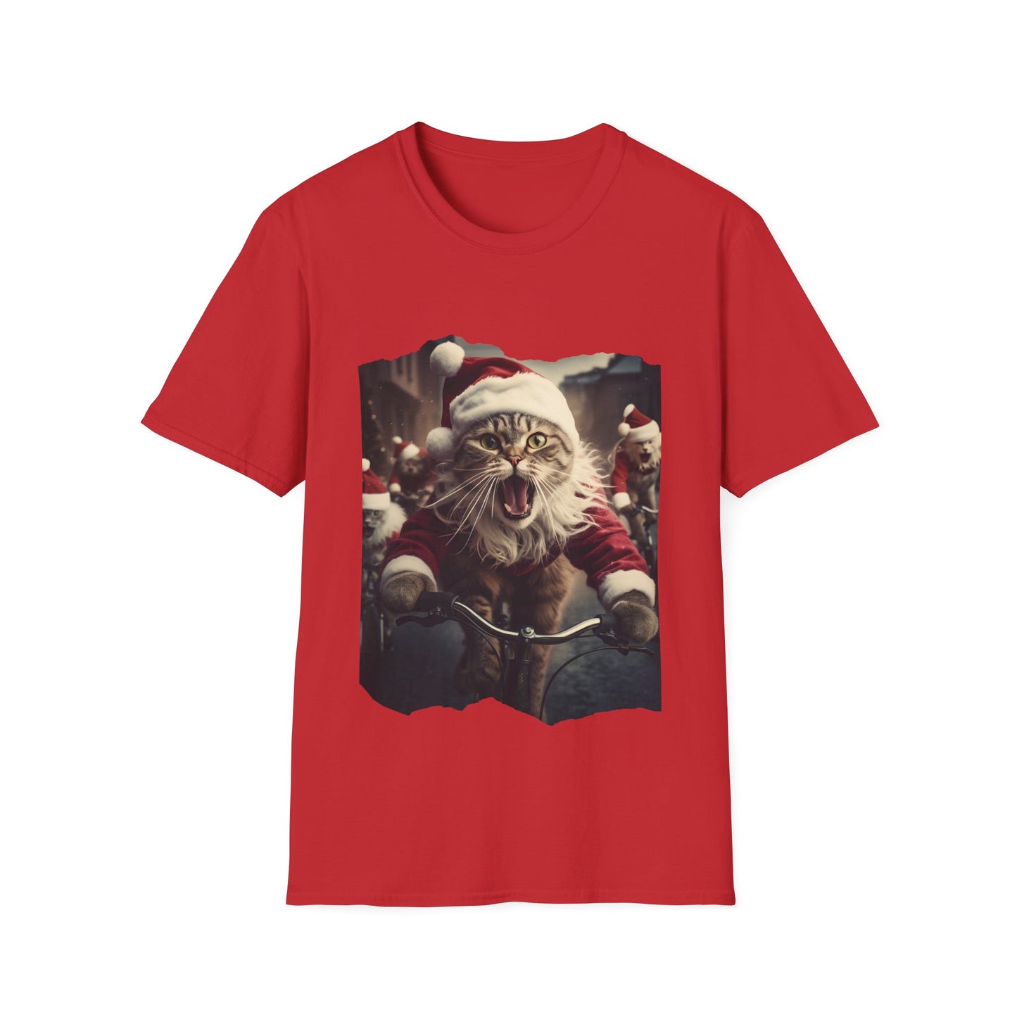 Screaming Cats on Bikes Holiday Christmas Cat Shirt, Cat Lover's Graphic Tee Graphic Unisex T- Shirt, T-Shirt Cat Lovers Gift Softstyle T-Shirt Tee Christmas JumperTeeshirt Stylized Cat