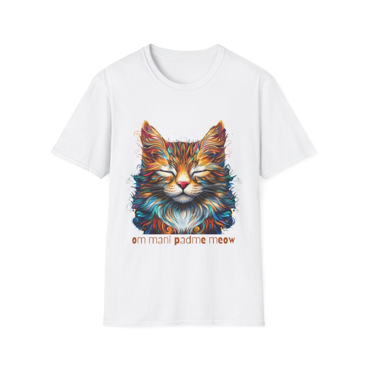 Om Mani Padme Meow - Meditating Cat Shirt, Cat Lover's Graphic Tee Graphic Unisex T- Shirt, T-Shirt Cat Lovers Gift Softstyle T-Shirt Tee Teeshirt Stylized Cat