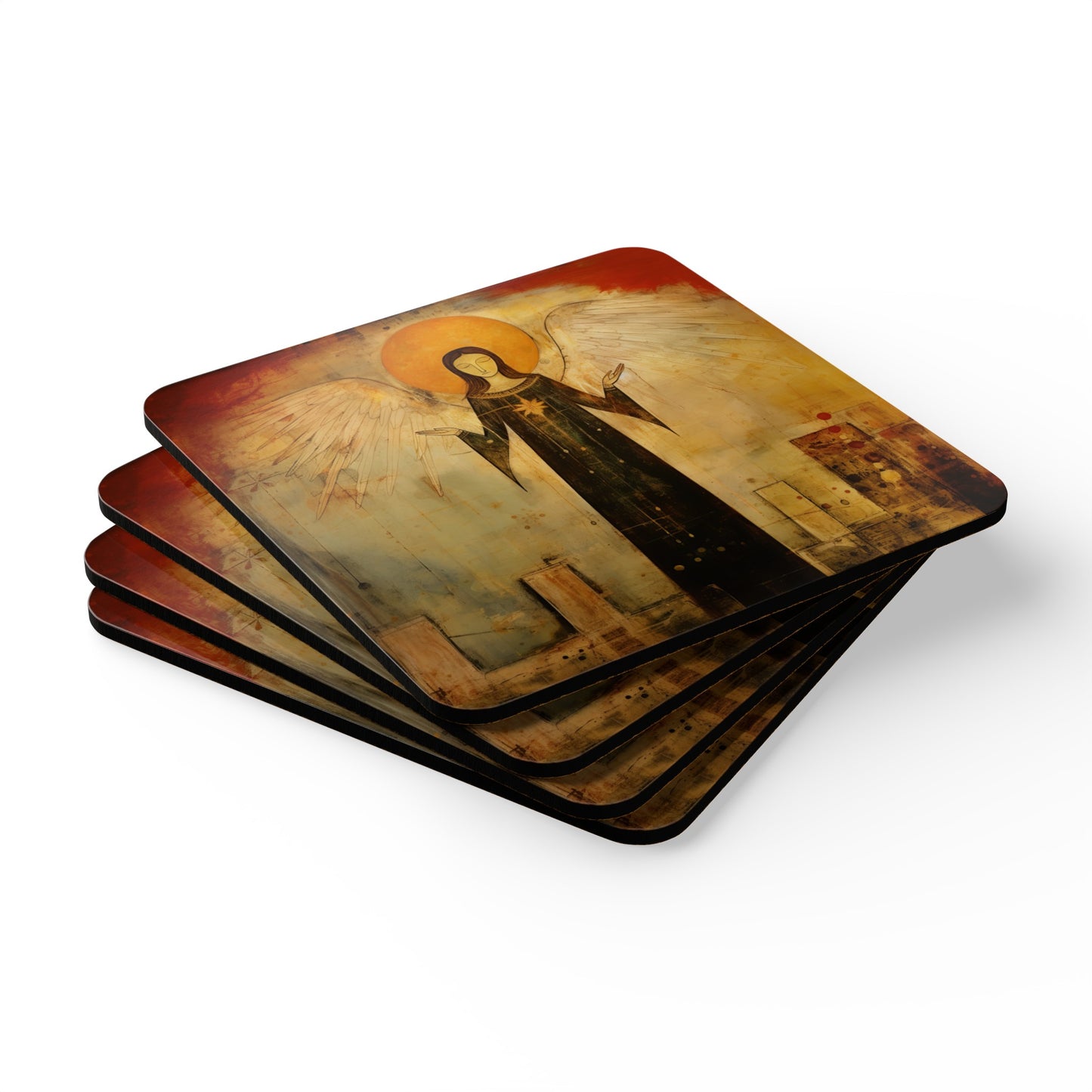 Milagro Angel Folk Art Angel, Folk Art Gift, Mexican Folk Art Style Holiday Corkwood Coaster Set, Christmas Decor