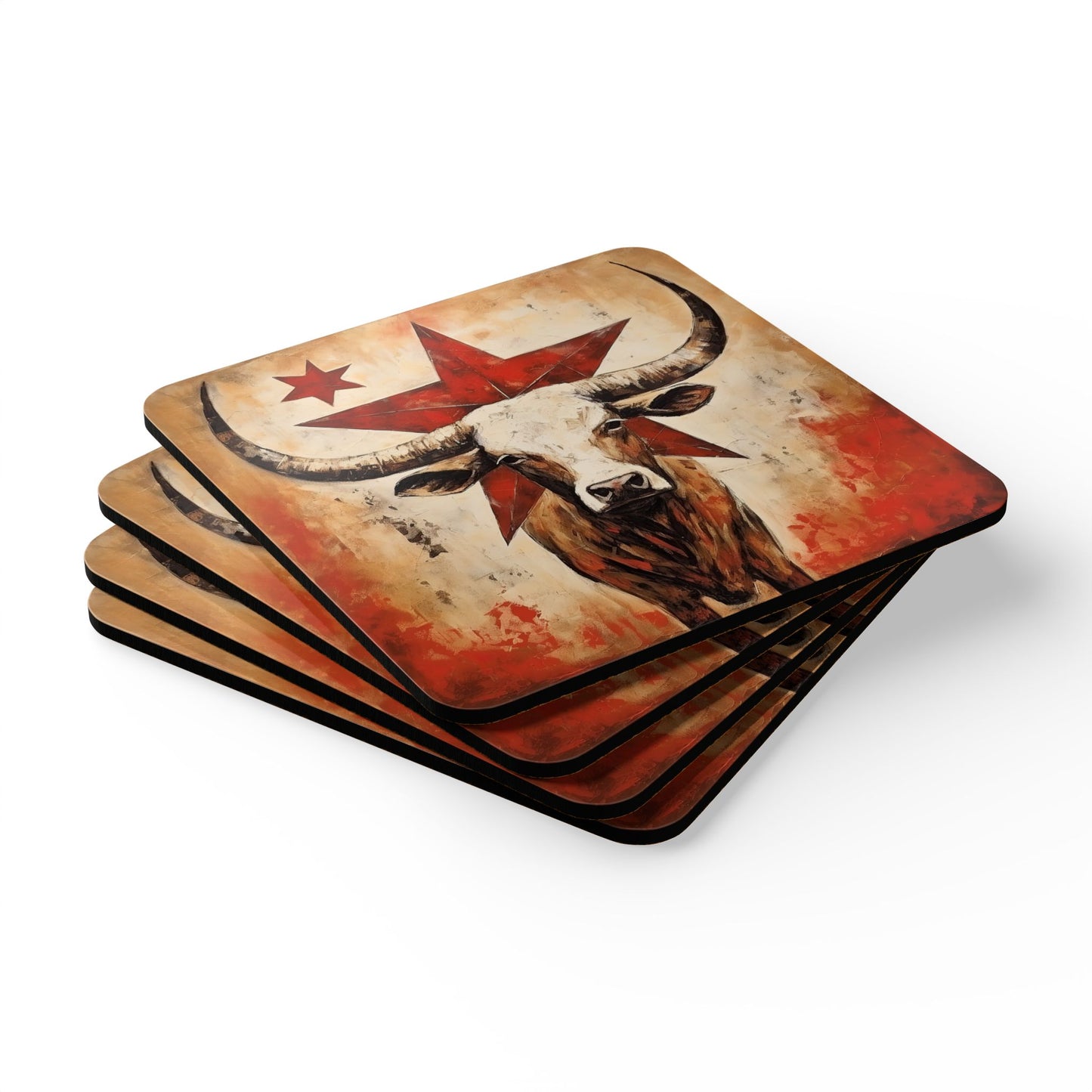 Texas Longhorn, Texas Star, Cattle, Oklahoma, Cattle Country Gift, Corkwood Coaster Set