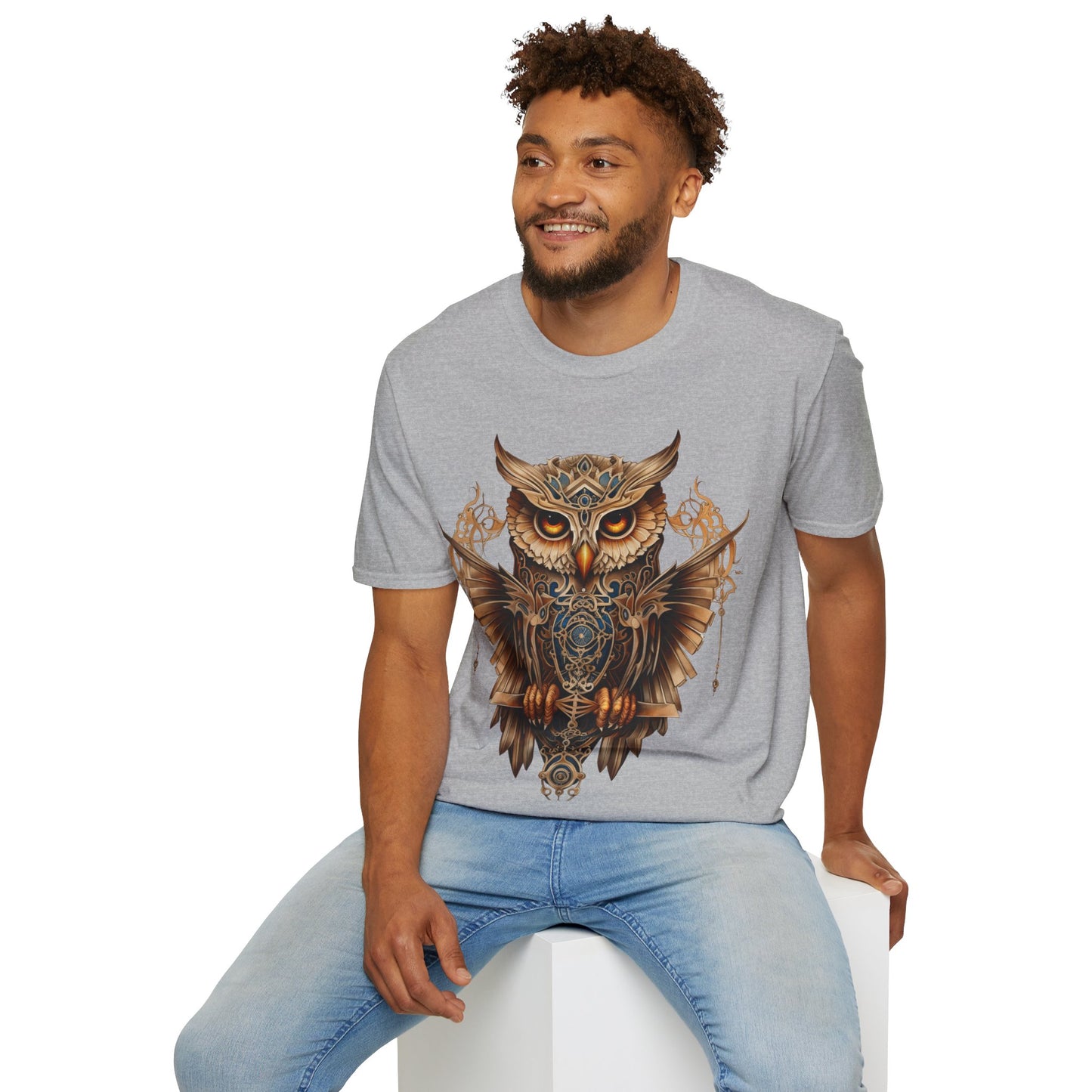 Art Deco Style Owl, Golden Owl Shirt, 1920's Steampunk Owl Christmas Gift Unisex Tee Shirt, T-Shirt Softstyle T-Shirt Tee Teeshirt